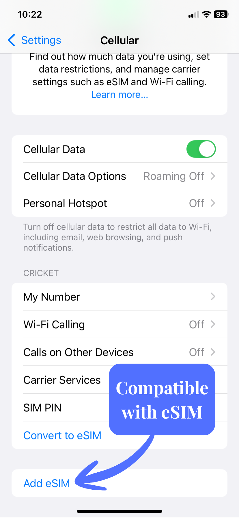 Cellular settings in iPhone with a blue arrow and text pointing to the button that says "Add eSIM". The text reads "Compatible with eSIM".