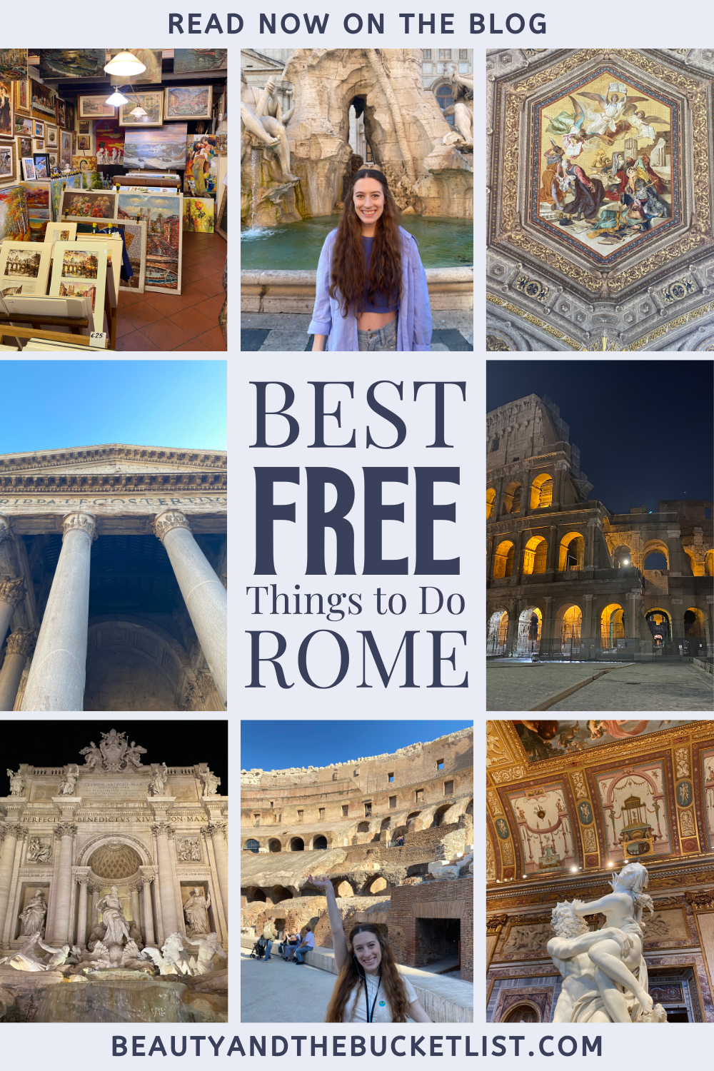 A Pinterest collage showing various scenes and artworks in Rome. The text reads, "Best Free Things to Do in Rome".
