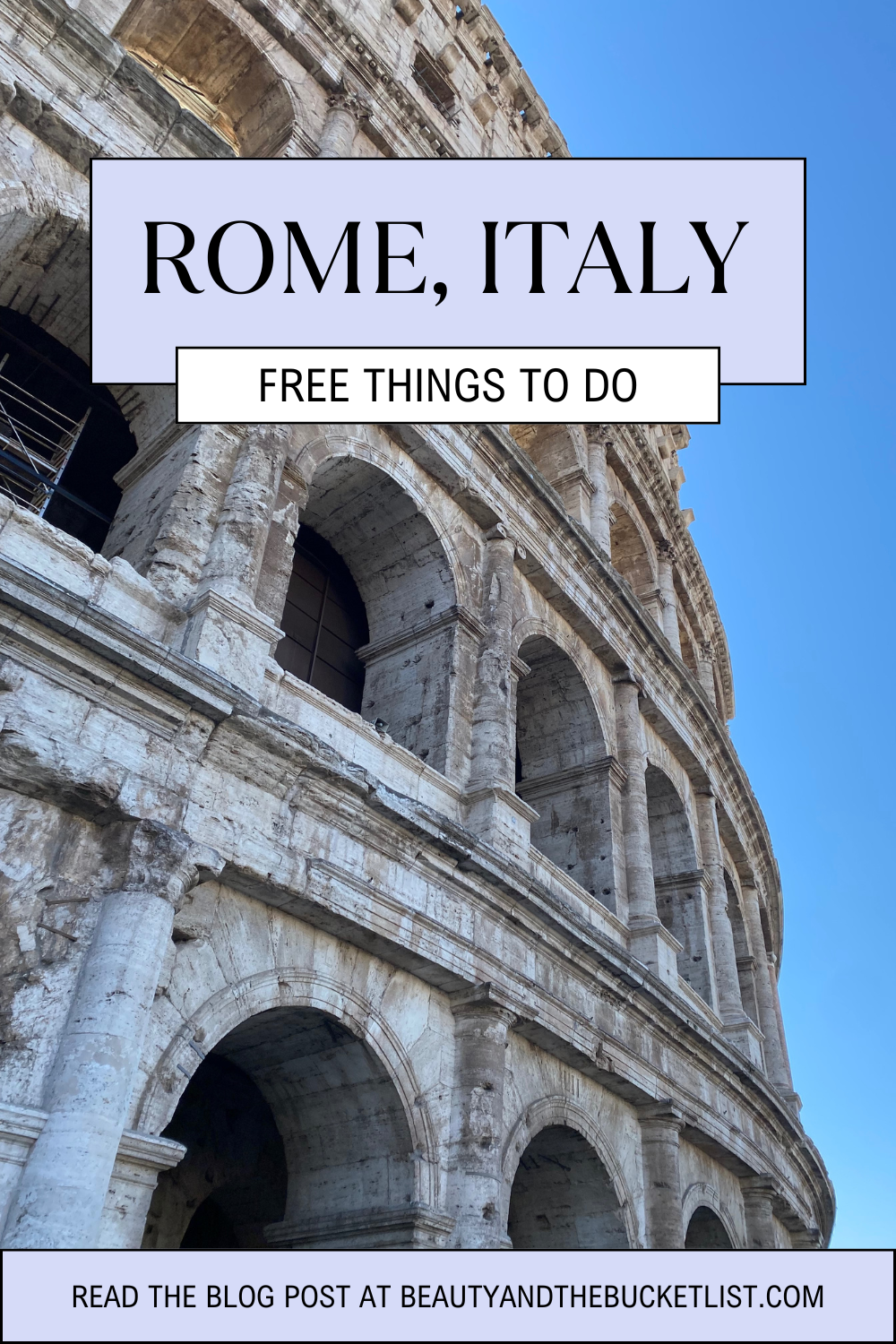A graphic image showing the side profile of the Colosseum, which features the text, "Rome, Italy, Free Things to Do".