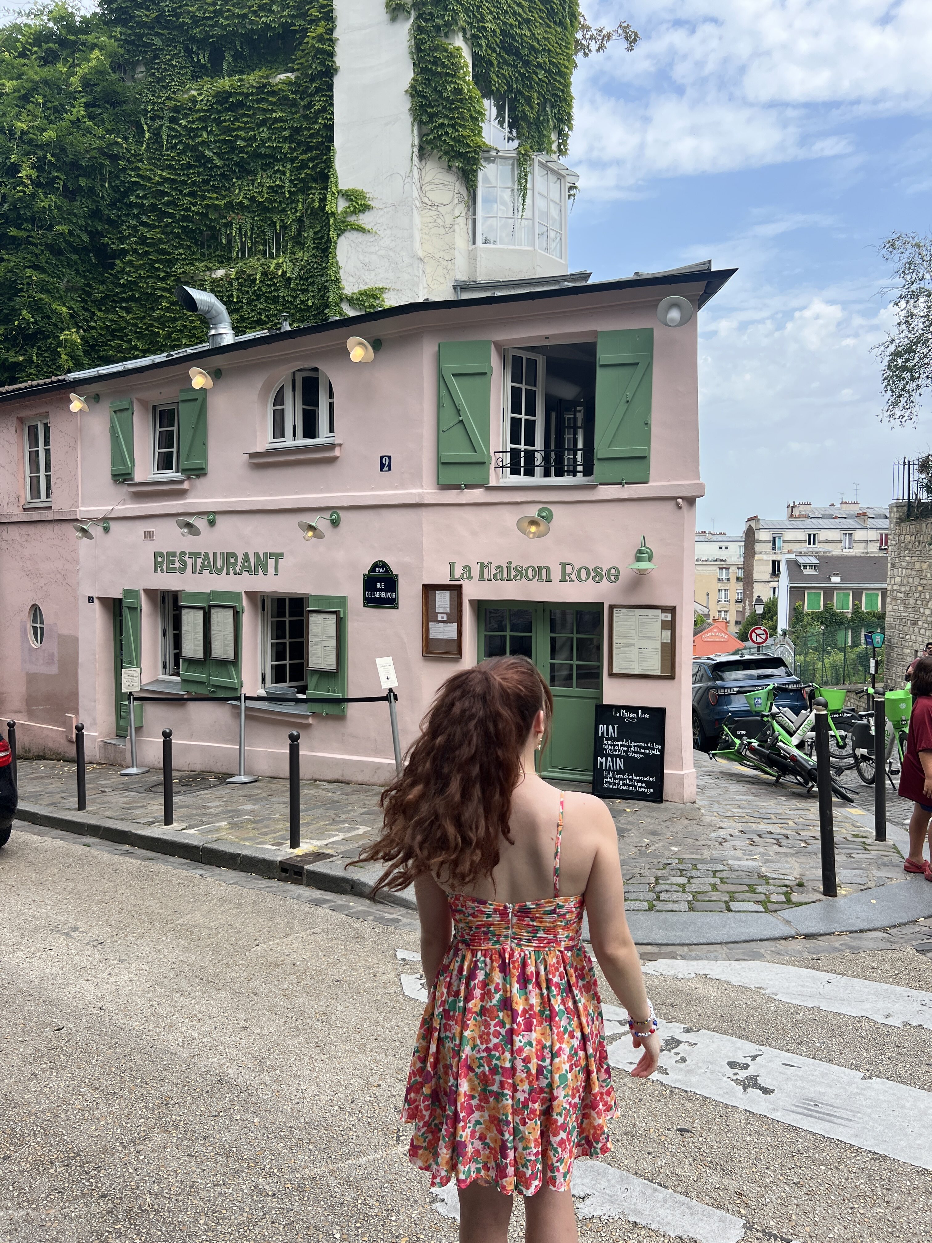 Bella's twin sister Lily walking towards La Maison Rose, "the pink house", in a colorful summer dress.