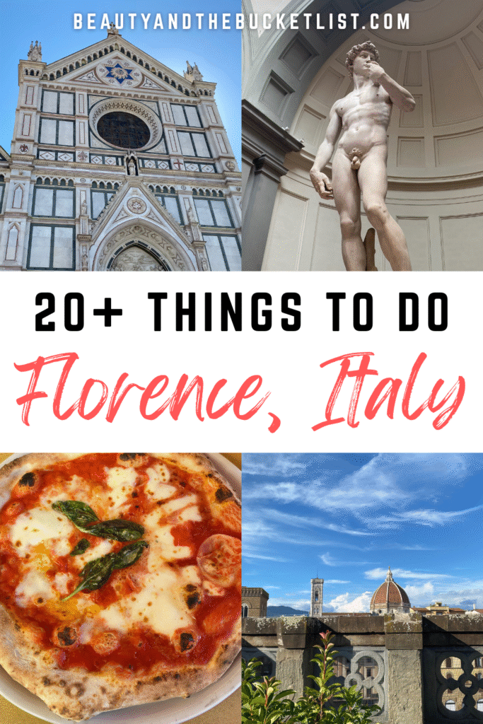 A photo collage containing images of Michelangelo's David sculpture, a basilica in Florence, a Neapolitan-style pizza, and the duomo in Florence seen from a rooftop bar. The text reads, "20+ Things To Do, Florence, Italy".