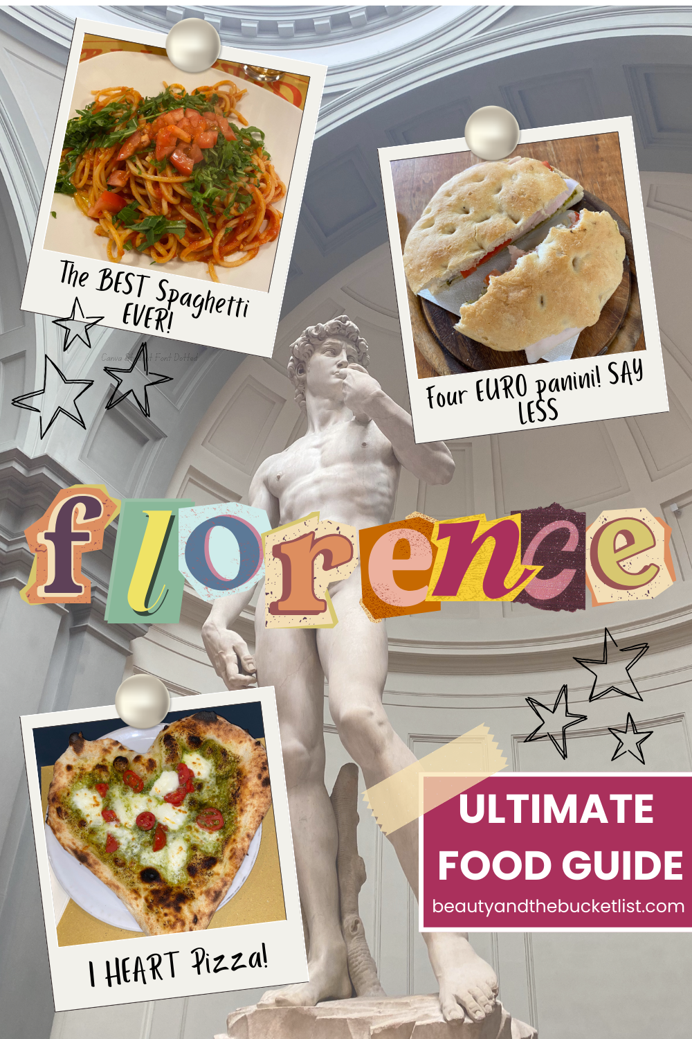 Scrapbook collage featuring famous Florence foods including spaghetti with tomatoes and herbs, a four-euro panini sandwich, and a heart-shaped pizza, overlaid on a background image of Michelangelo’s David statue. Text overlay reads 'Florence Ultimate Food Guide' and website beautyandthebucketlist.com.