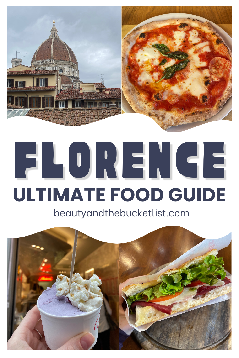 A collage of photos featuring the Duomo in Florence, a Margherita pizza, a purple gelato and a Florentine panini. The text reads, "Florence, Ultimate Food Guide", and references Beauty and the Bucket List.