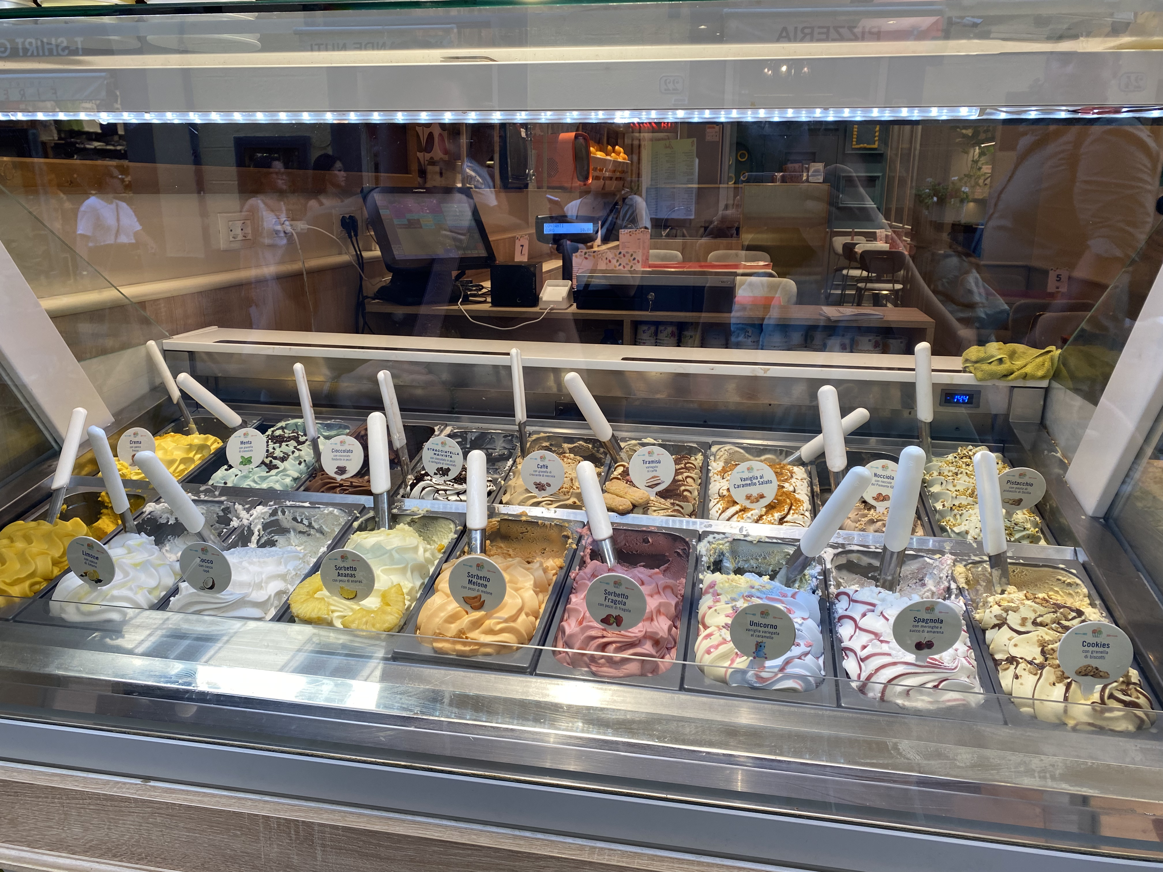 A display of colorful gelatos at a local Gelateria in Florence.