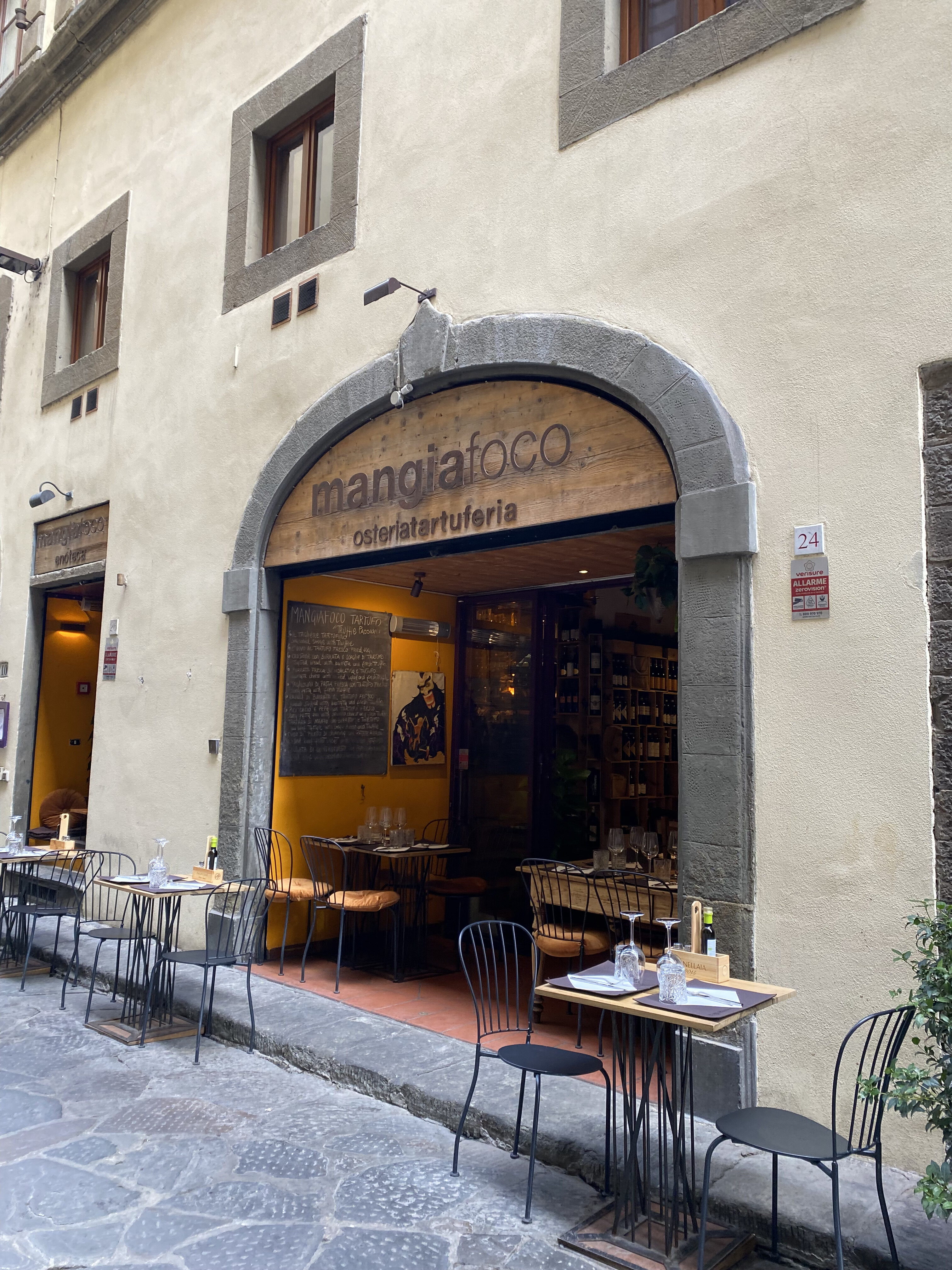 A Florence restaurant storefront with the sign reading, "MangiaFoco".