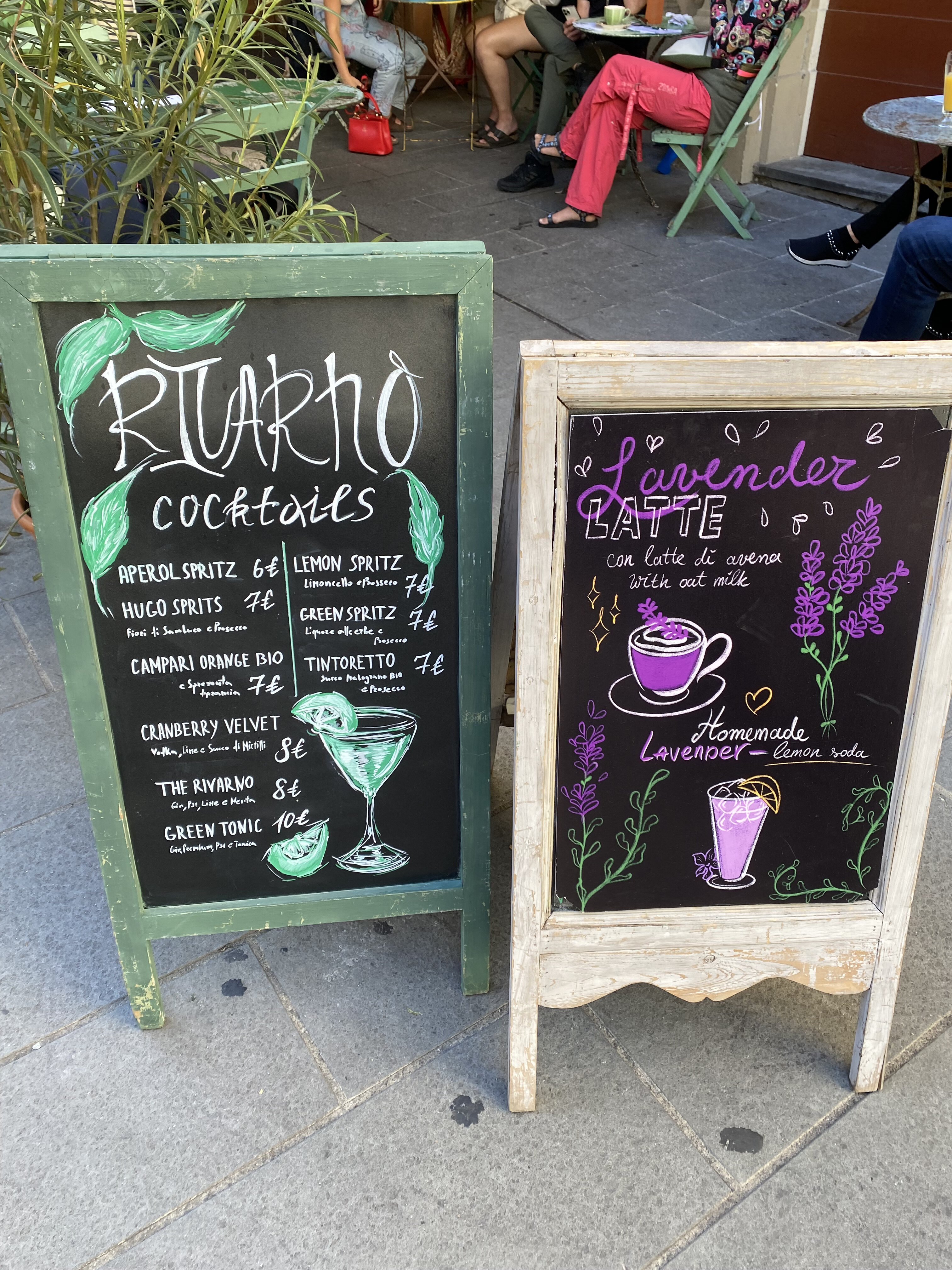 Decorative chalkboard menus at Rivarno Café in Florence.