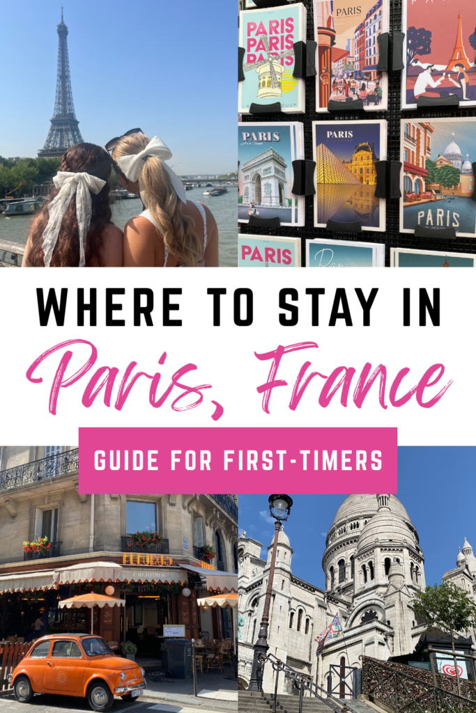 Collage-style Pinterest graphic with photos of Paris landmarks, including the Eiffel Tower, Sacré-Cœur, Paris postcards, and a Parisian café. Text overlay reads "Where to Stay in Paris, France – Guide for First-Timers," designed to help travelers find the best neighborhoods and hotels for their first visit to Paris.