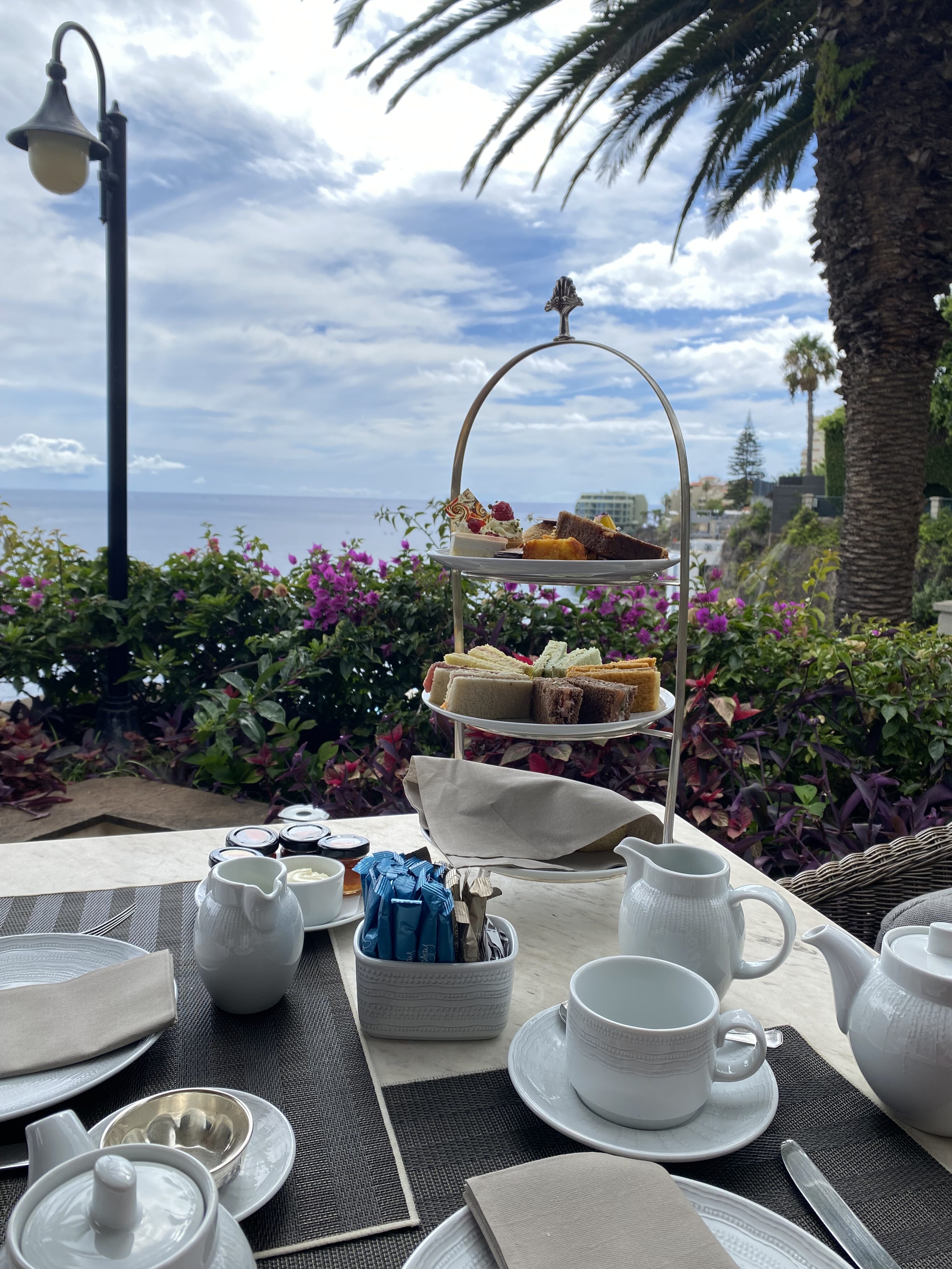 Afternoon tea spread at the Cliff Bay Resort in Funchal.