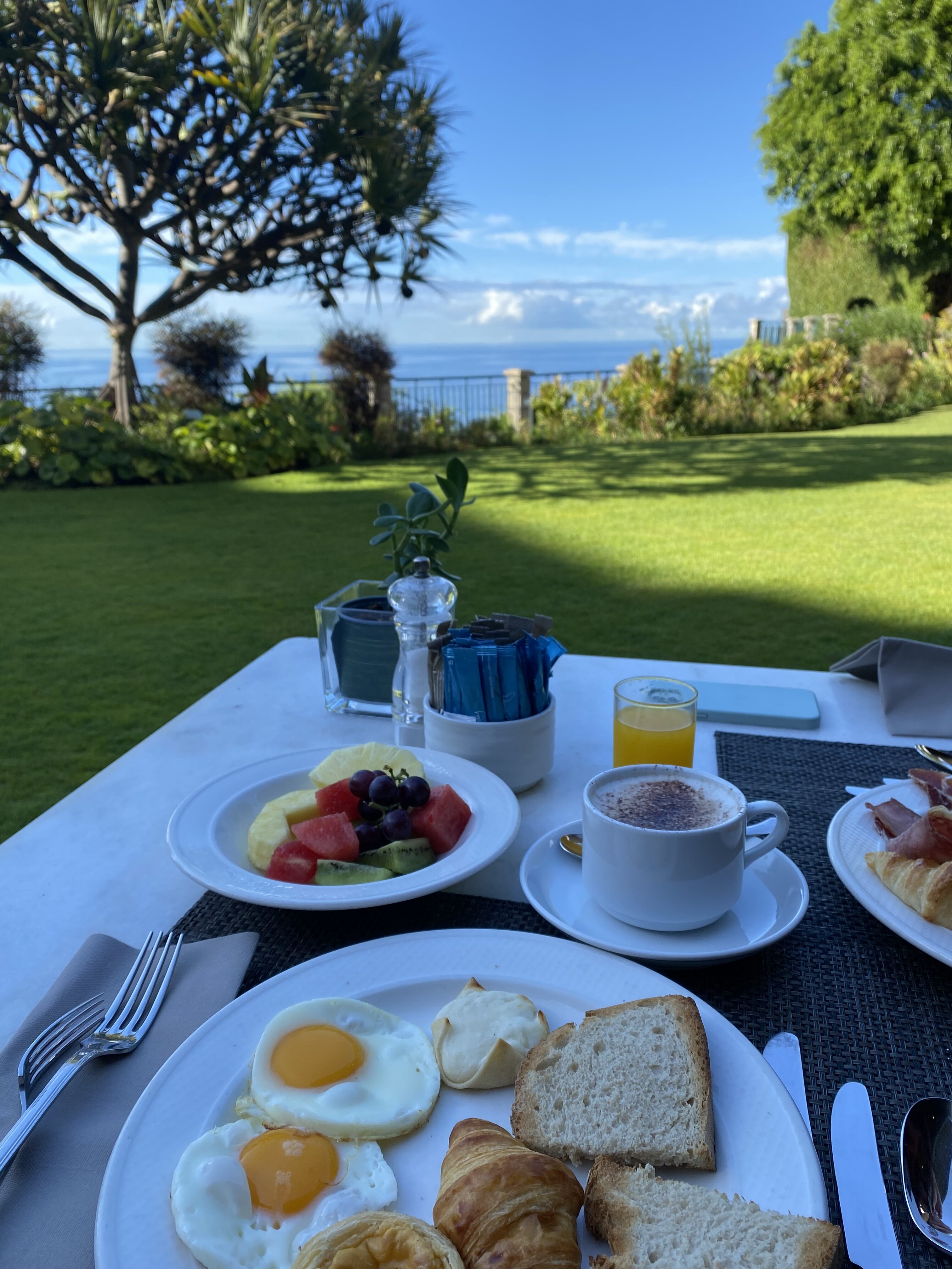 A breakfast spread featuring fried eggs, toast, fruit, coffee and juice, with a view of a green lawn and the ocean in the background.