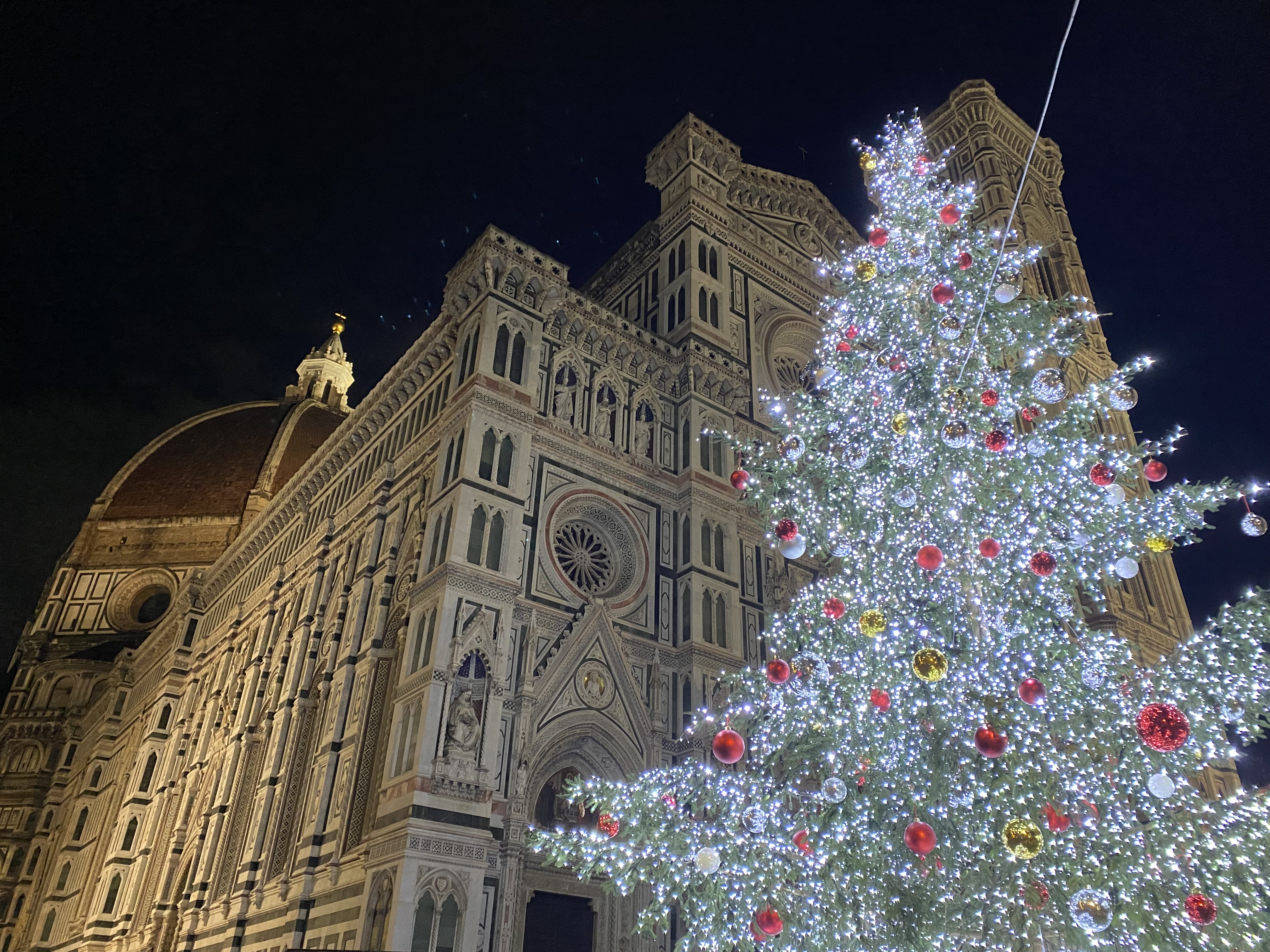 Santa Maria del Fiore with a brightly lit Christmas tree in front of the church facade.