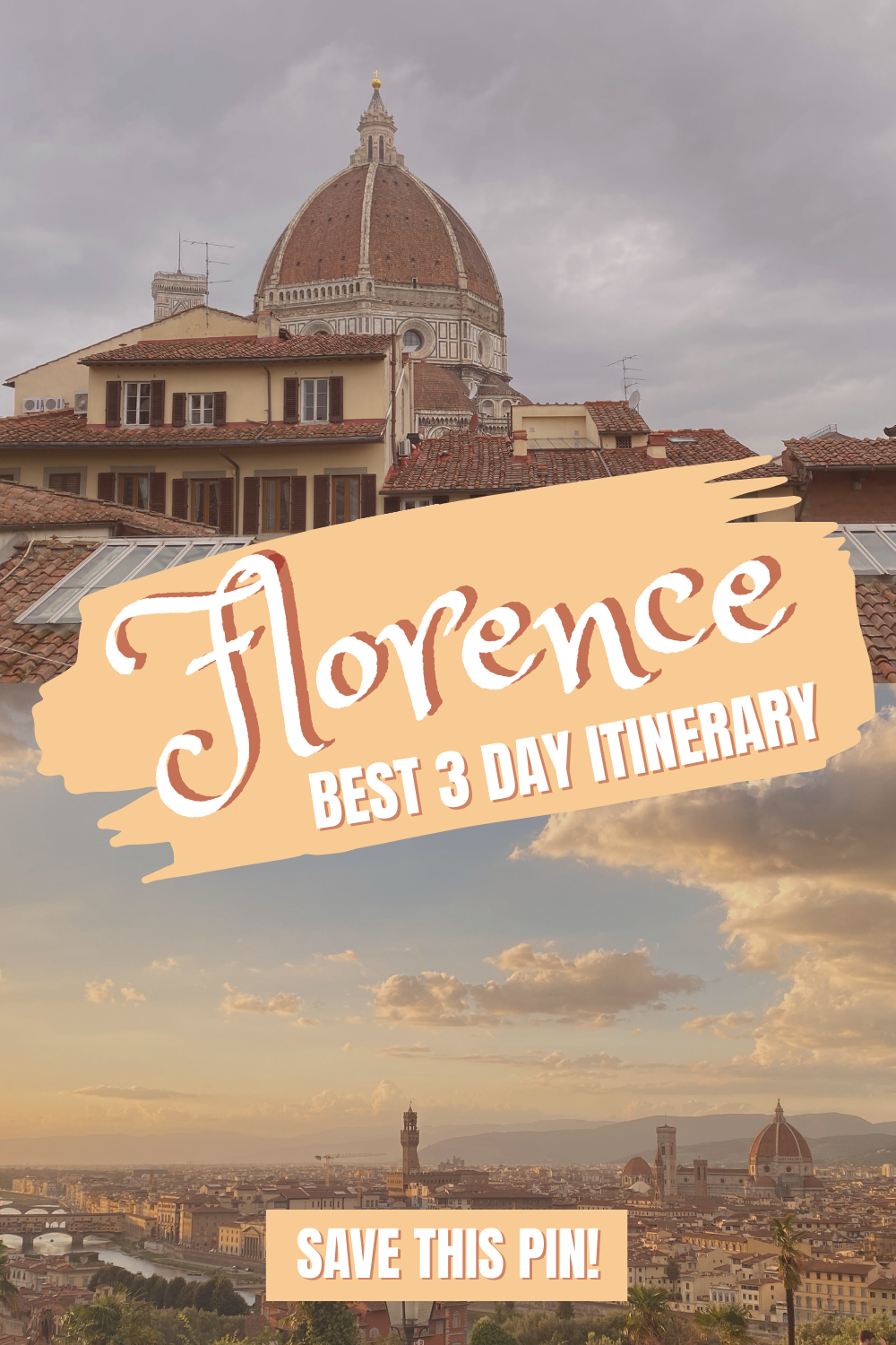 A Florence collage showing a close-up view of the Duomo and the Florentine skyline with text that reads, "Florence, Best 3 Day Itinerary, Save this Pin!".