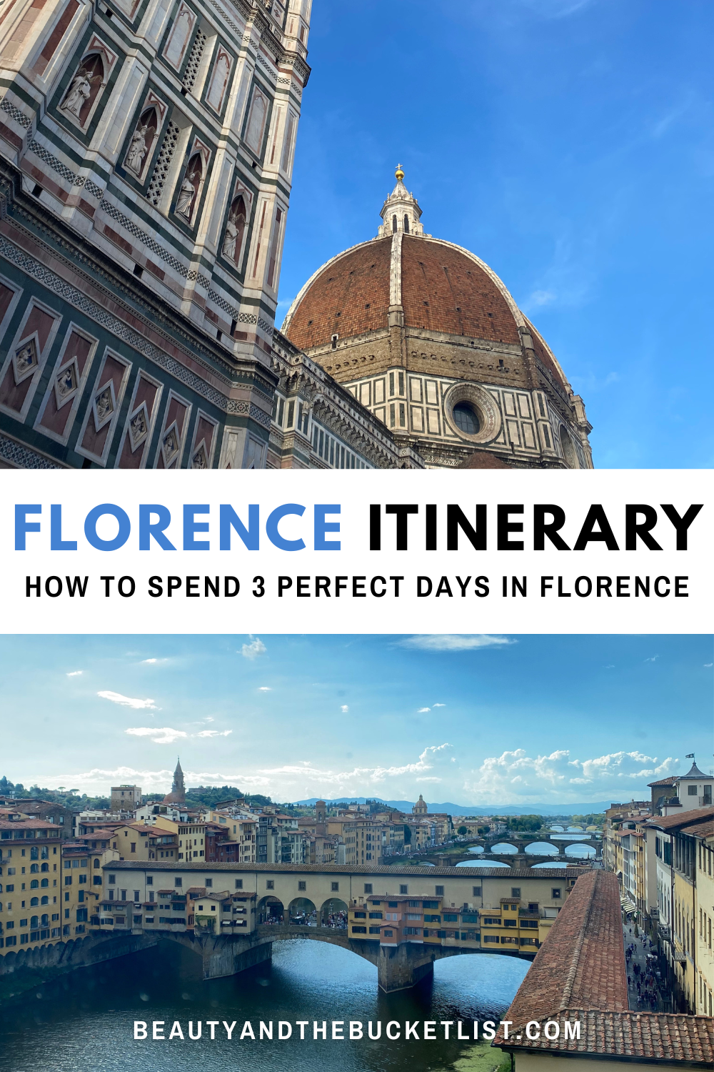A collage showing a close-up view of the Duomo and Giotto's Campanile, and a view of the Ponte Vecchio seen from the Uffizi Gallery. Text reads, "Florence Itinerary, How to Spend 3 Perfect Days in Florence" with the website title, "Beauty and the Bucket List".