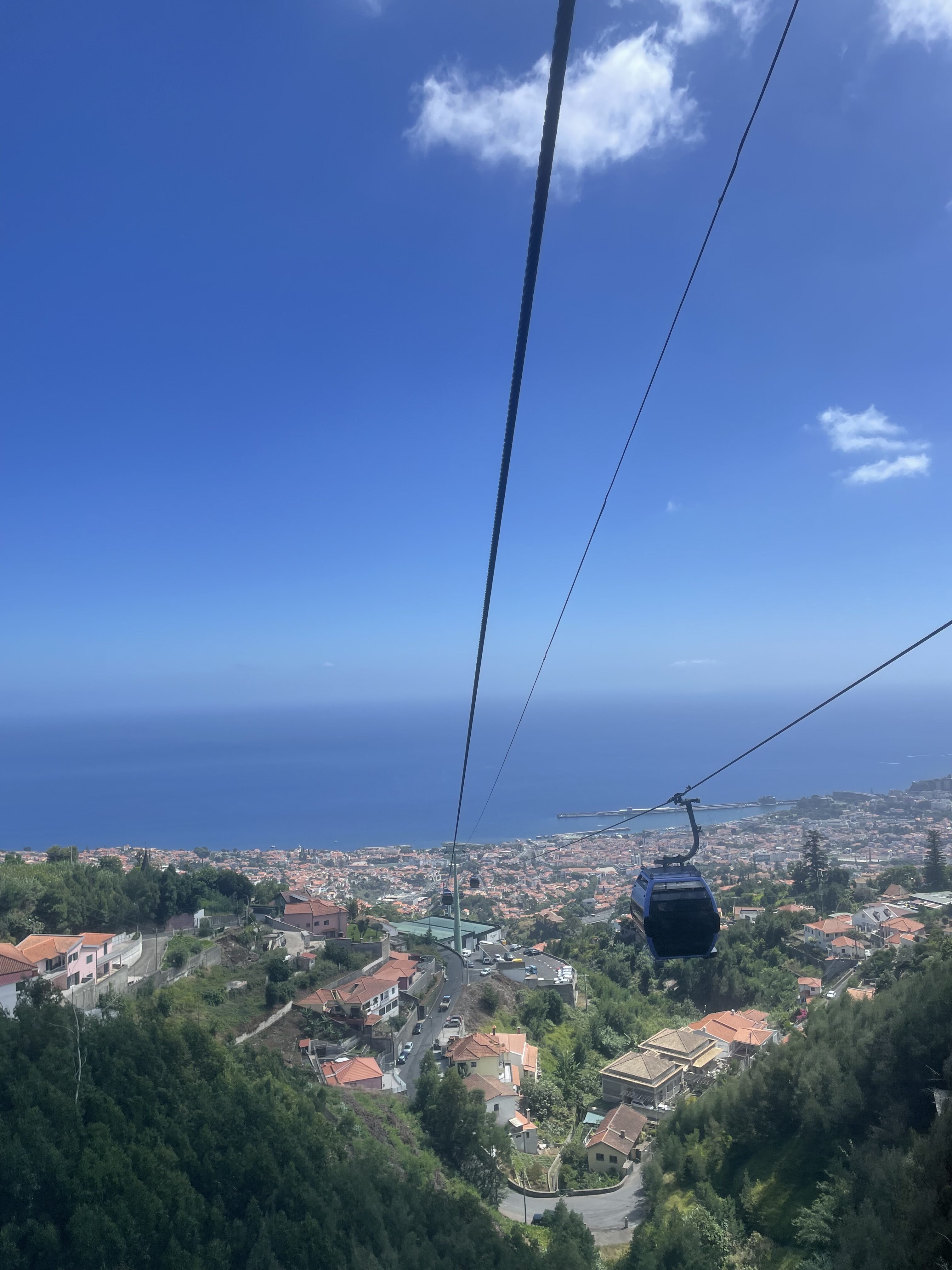 The view of Funchal, seen from inside a cable car. In the background, a sapphire ocean sparkles and a blue sky highlights the horizon.