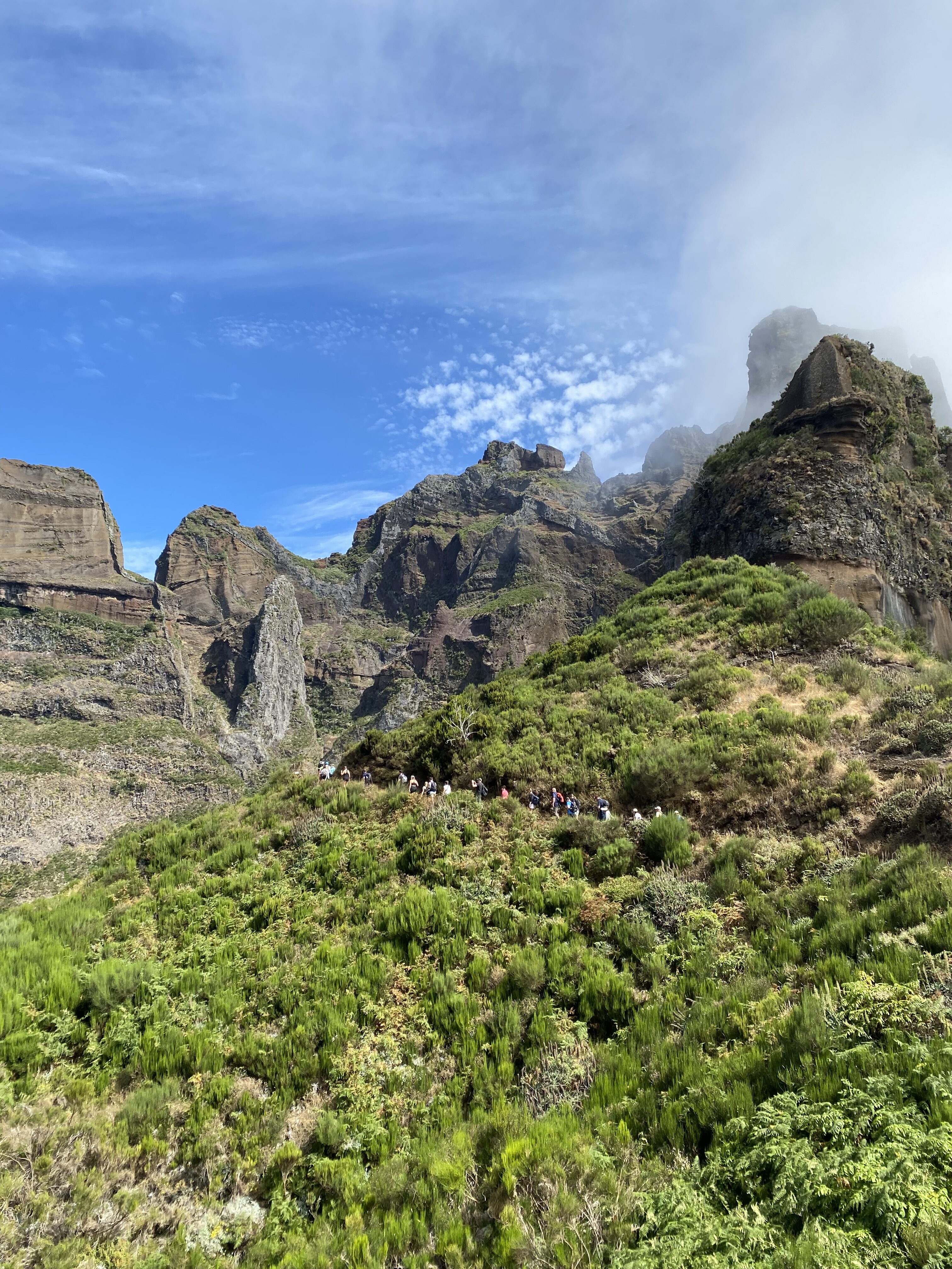 A view of the lush, green mountains along the Pico Ruivo hike in Madeira.