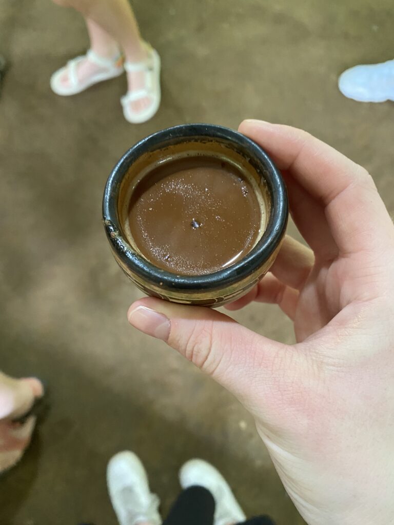A small ceramic cup of dark brown liquid, "drink of the gods", which contains roasted cacao beans, vanilla, cayenne pepper and other ingredients!