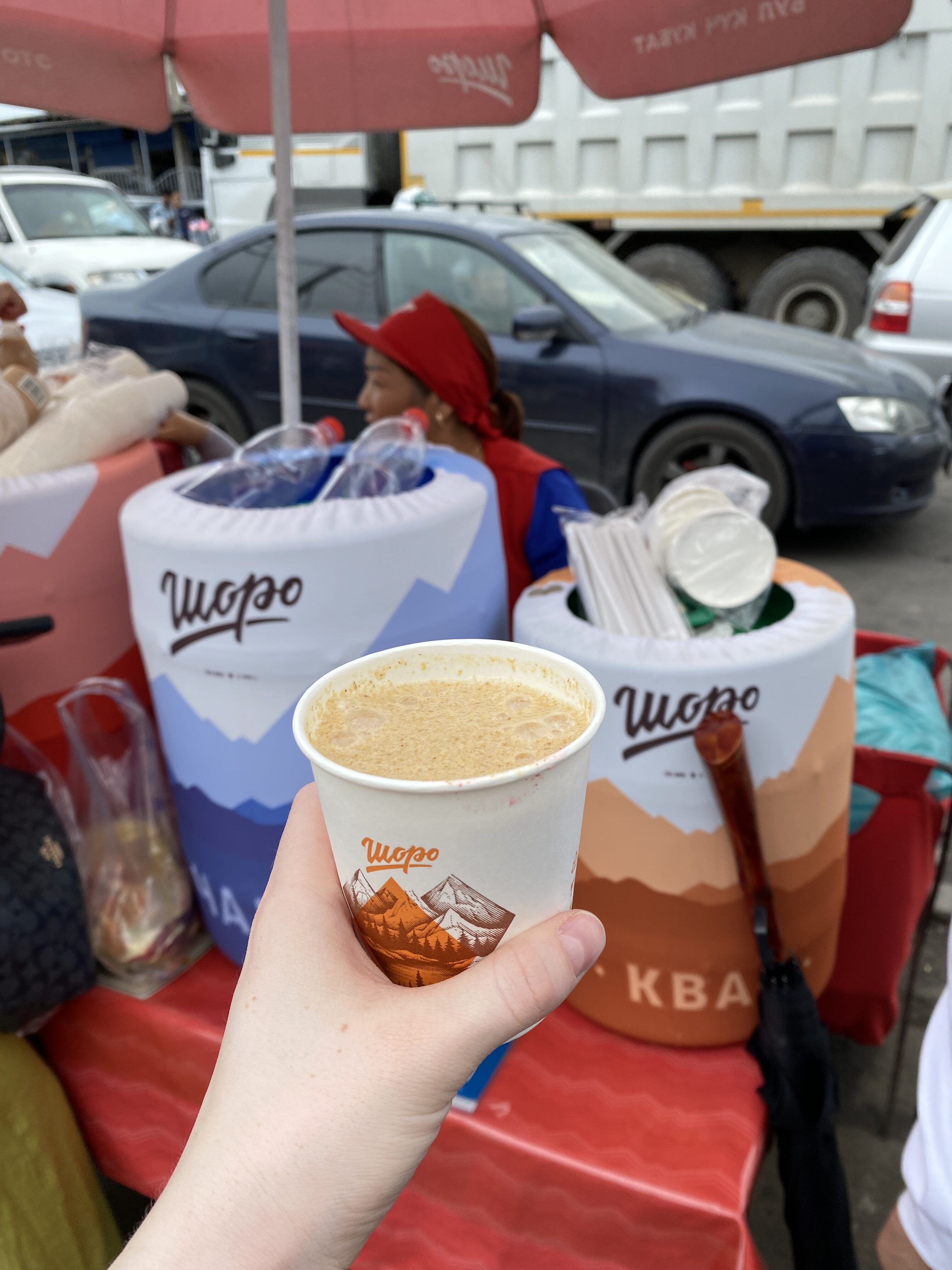 A cup of "Aralash", a wheat-y Krygyz street drink.