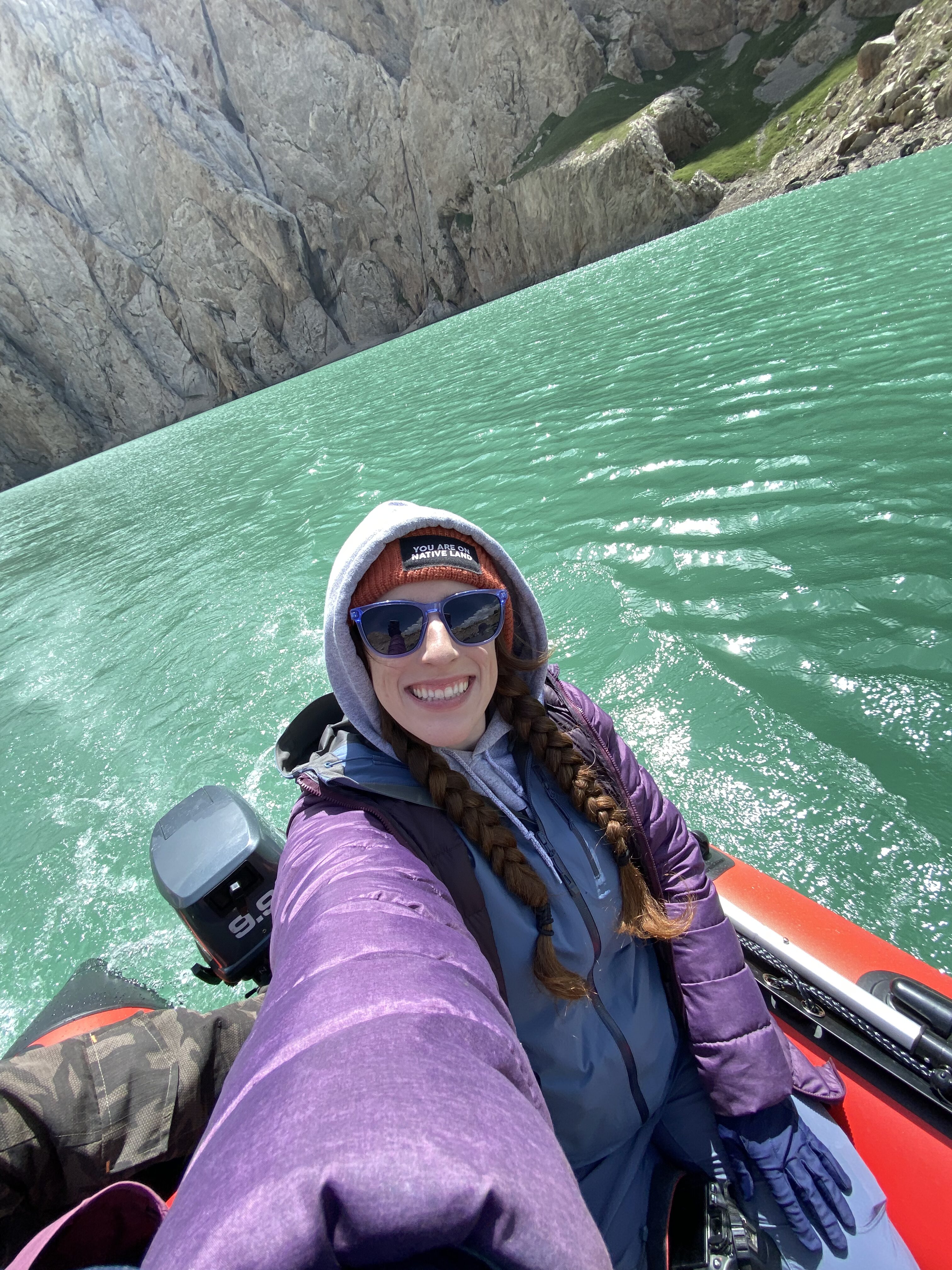 Bella, selfie on the boat at Kel Suu lake.