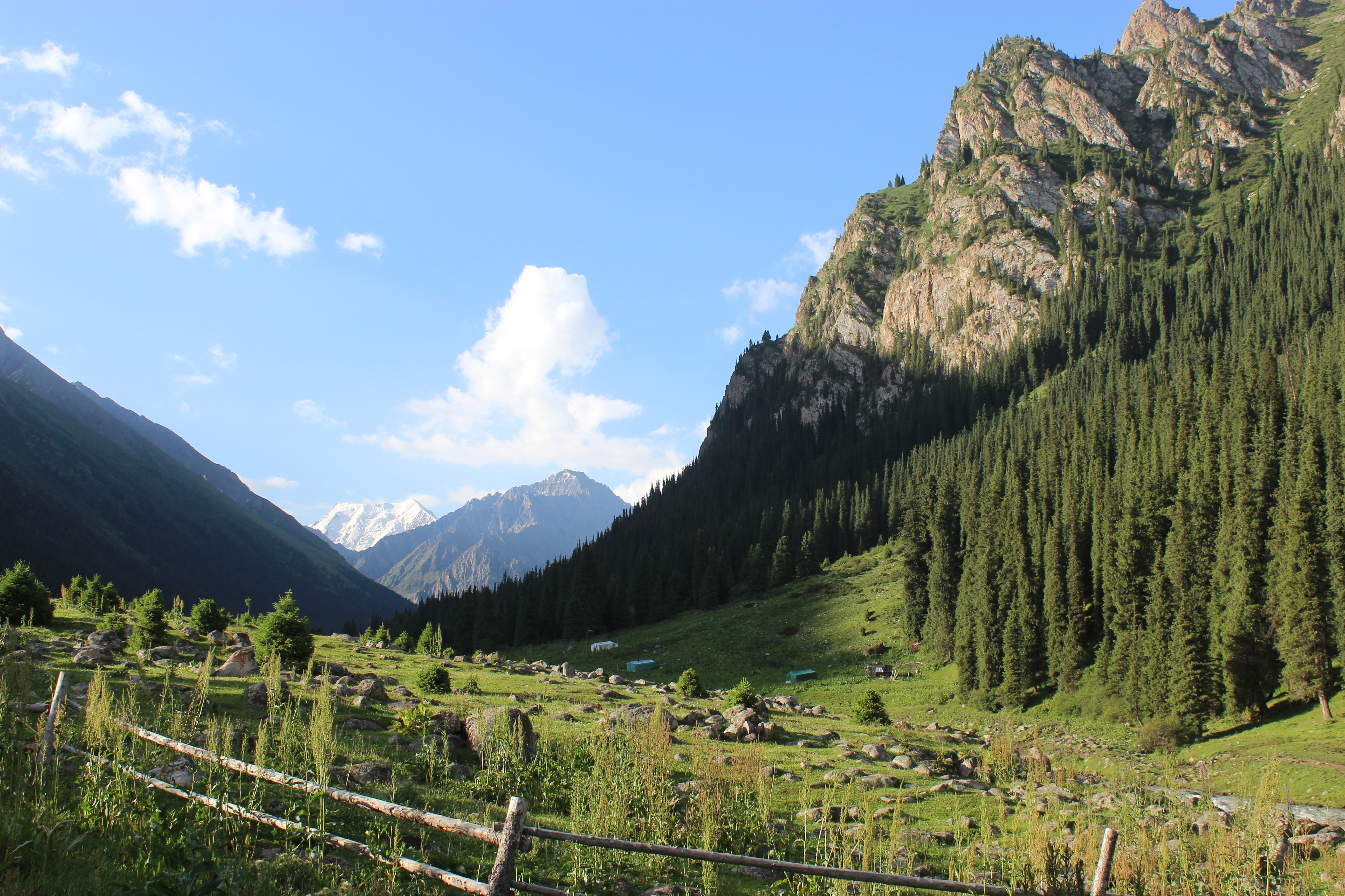 The beautiful Altyn Arashan valley with a rocky cliff face on the right, a wooden fence in the foreground, and snow covered peaks in the background.