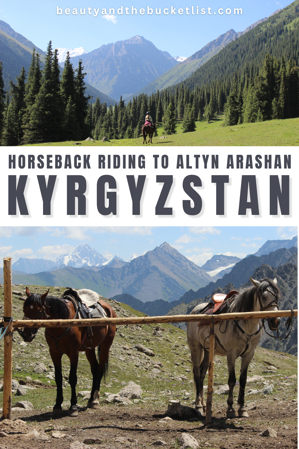 A collage of photos of Altyn Arashan including a horseback rider riding among the pine trees outside of Altyn Arashan valley with Karakol peak in the background, and a pair of horses tied up on a wooden beam with the Tian Shan mountains in the background. The website title, beautyandthebucketlist.com, is at the top of the collage and the text reads "Horseback riding to Altyn Arashan, Kyrgyzstan".