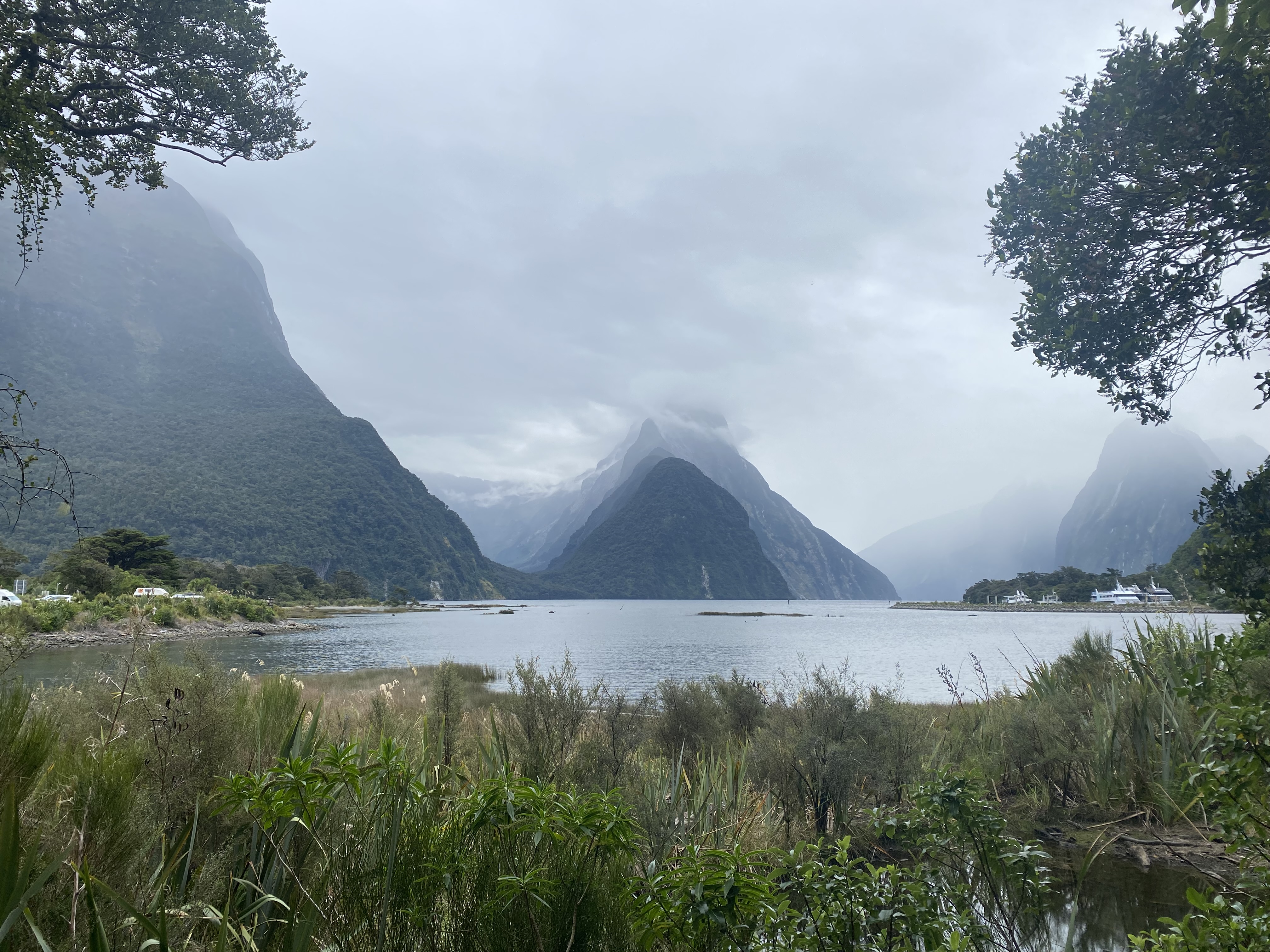 The beautiful cloud-covered mountains ascending above Milford Sound.