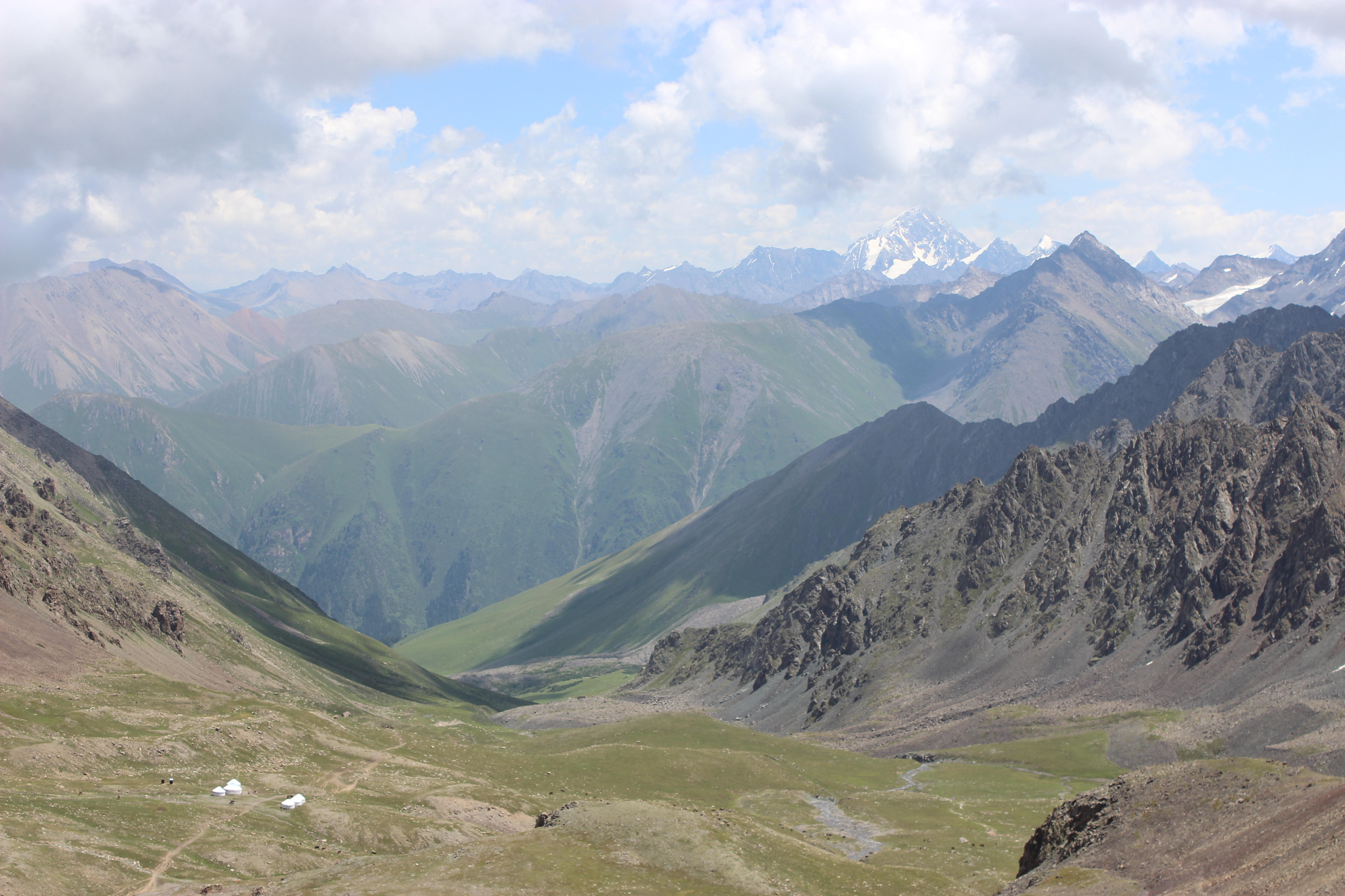Layers of mountains in Kyrgyzstan at the top of the Ala Kul pass.