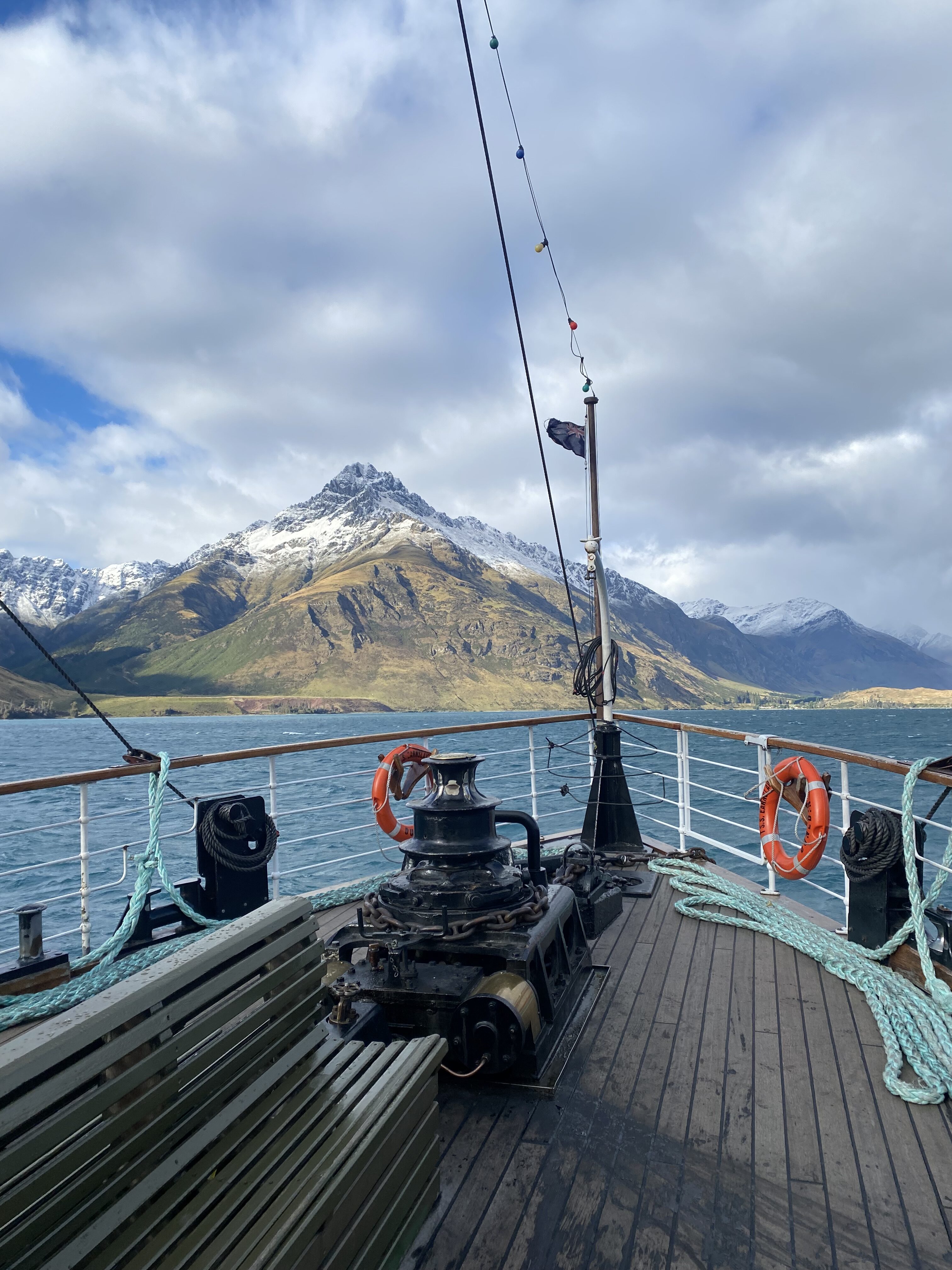 The scenic front deck of the TSS Earnslaw with Walter Peak in the background.