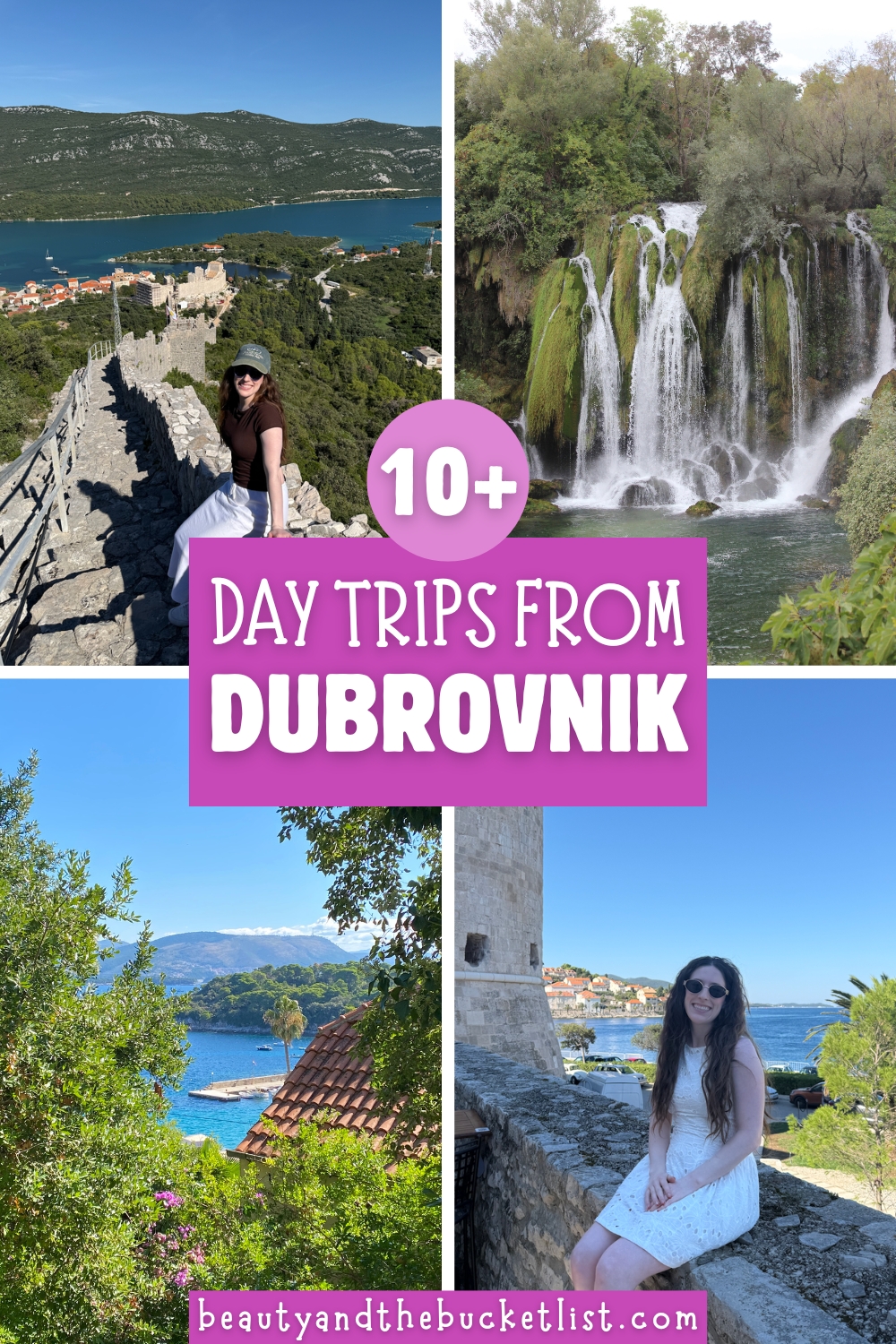 A collage of scenic places in Croatia and Bosnia including a young woman sitting on a stone wall in Ston, the Kravice waterfalls, a tree-lined view of the Adriatic, and a young woman smiling on the stone wall of Korčula old town. The text reads, 10+ Day Trips from Dubrovnik". 