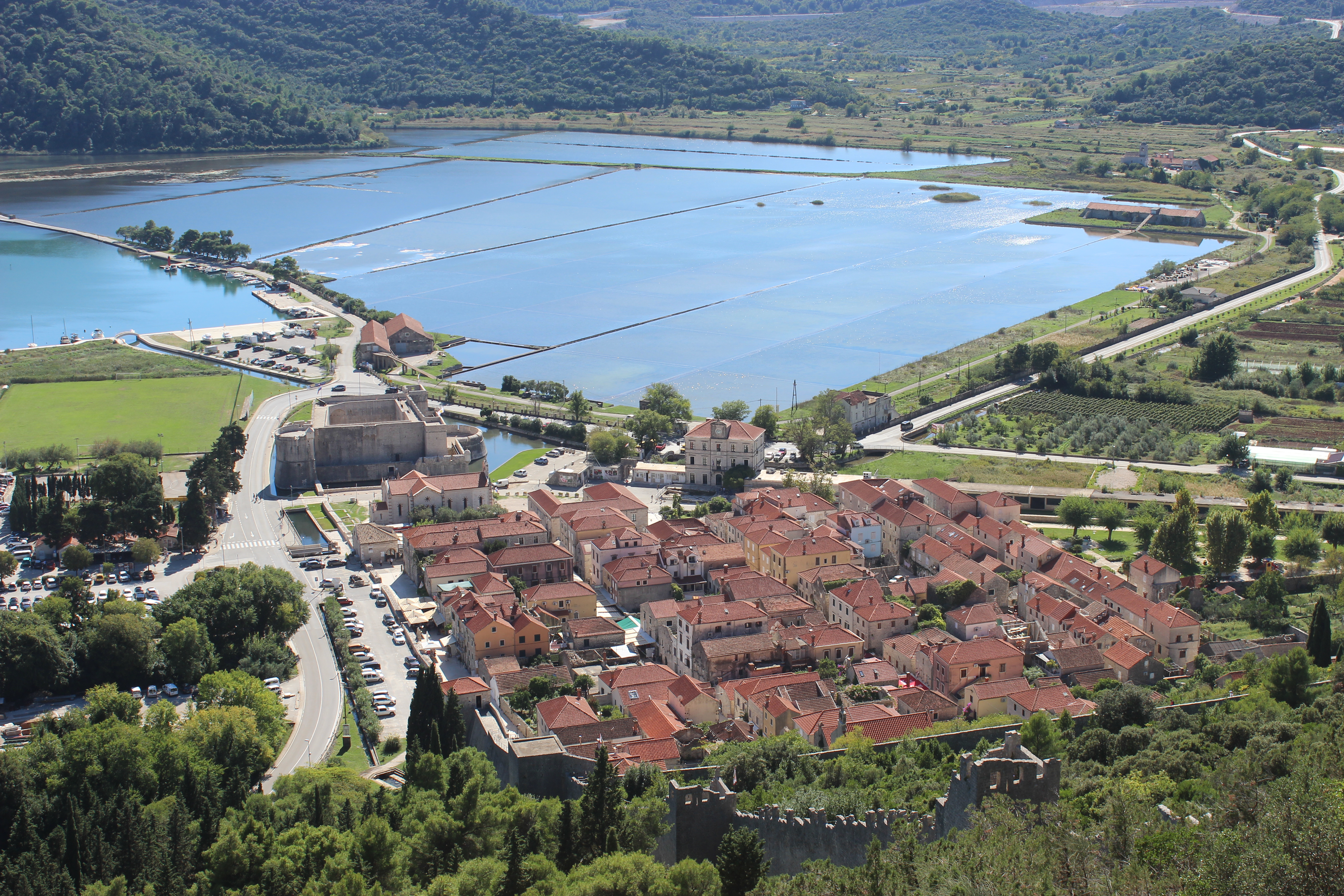A scenic view of Ston and the salt pans from an elevated section of the Ston Walls.