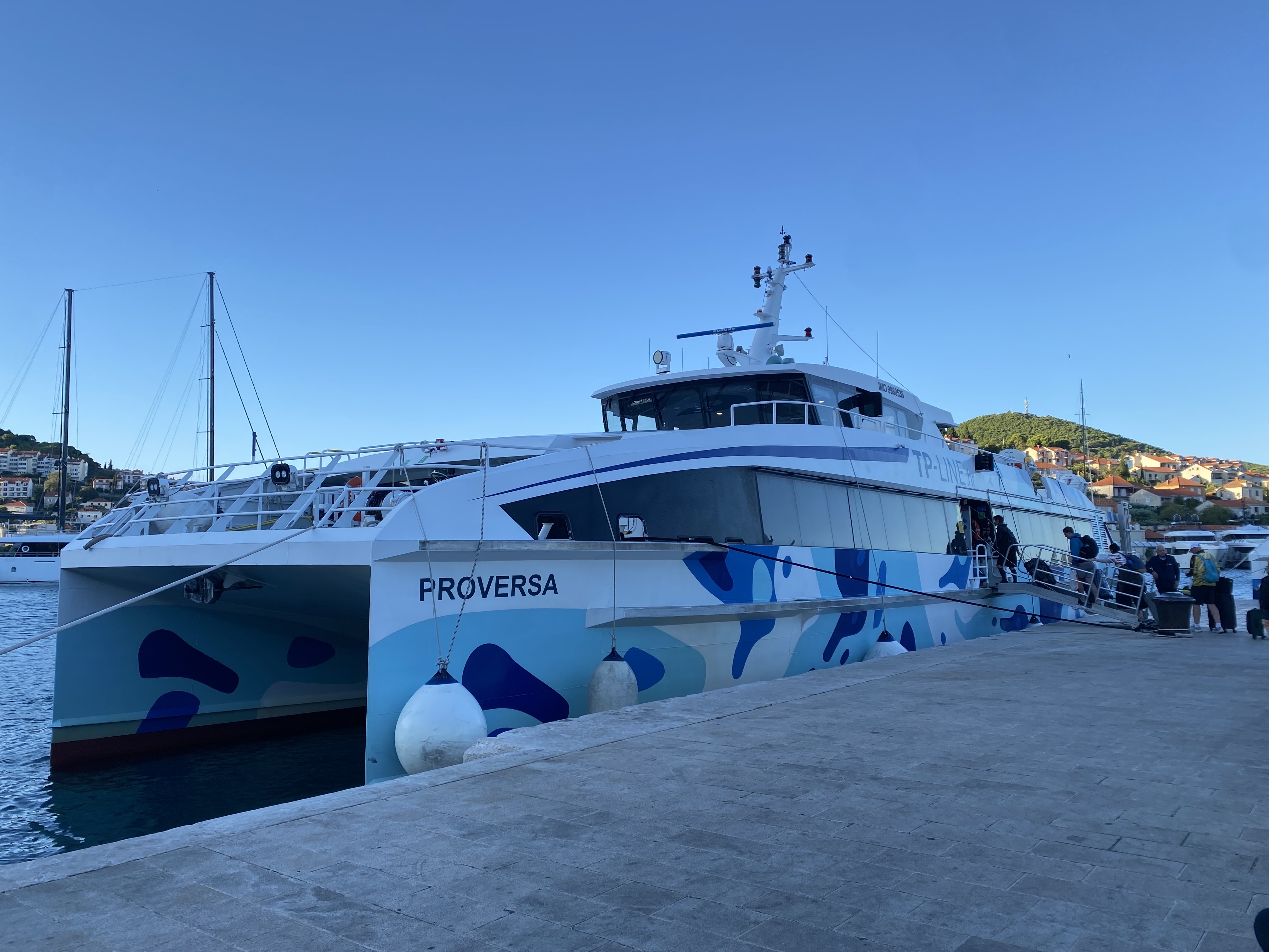 The TP Line ferry in Dubrovnik with people boarding.