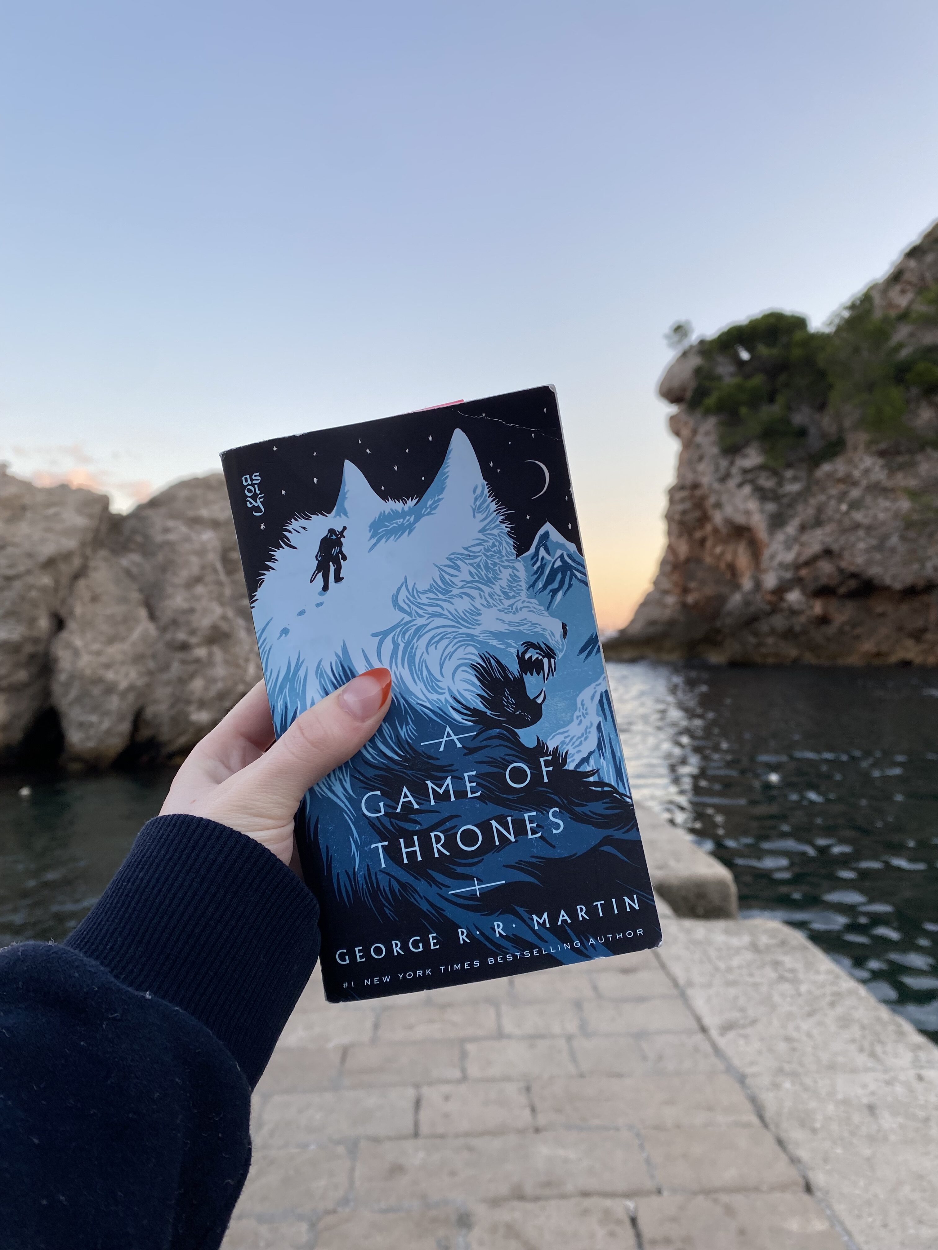 The Game of Thrones novel by George R. R. Martin showing a wolf on the cover in front of Dubrovnik West Harbor, otherwise known as Blackwater Bay in the book.
