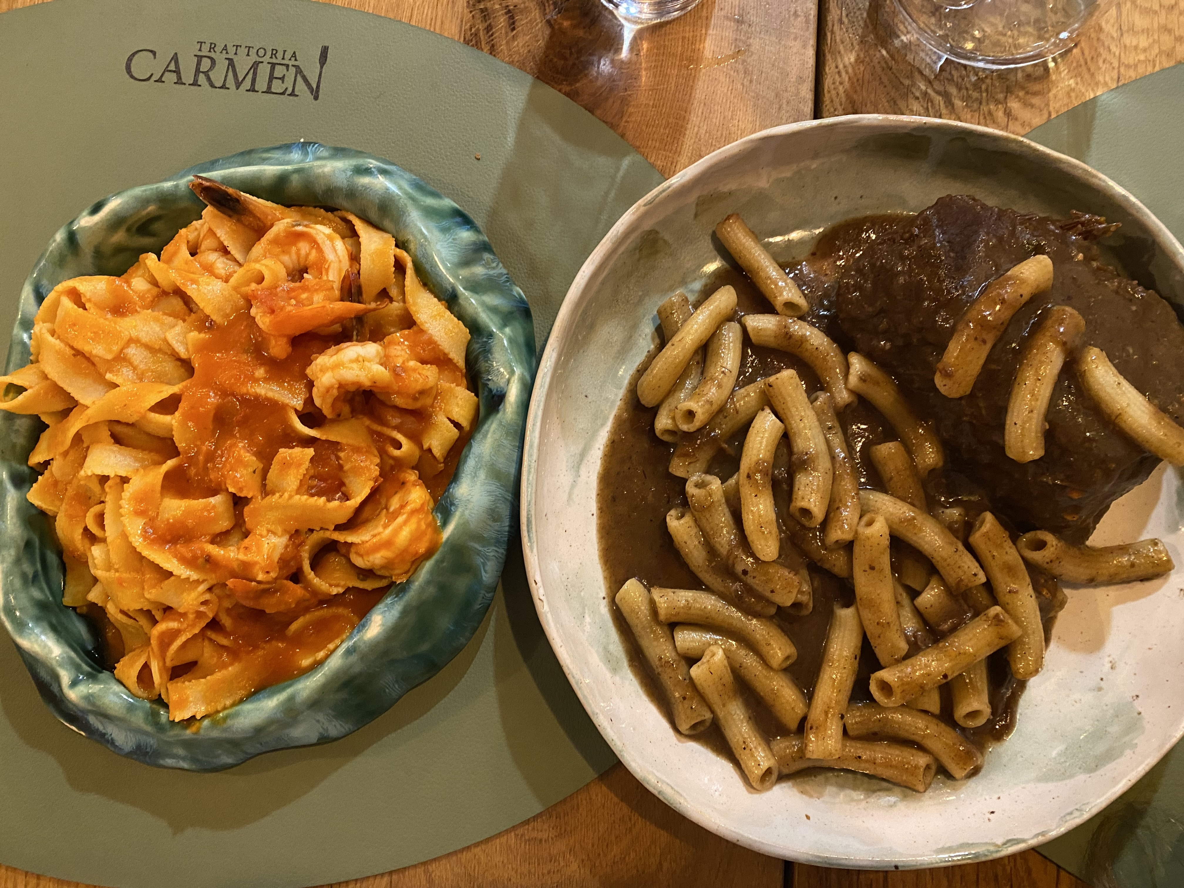 Homemade noodles in red sauce with shrimp and "dirty macaroni" with Pašticada at Trattoria Carmen in Dubrovnik.