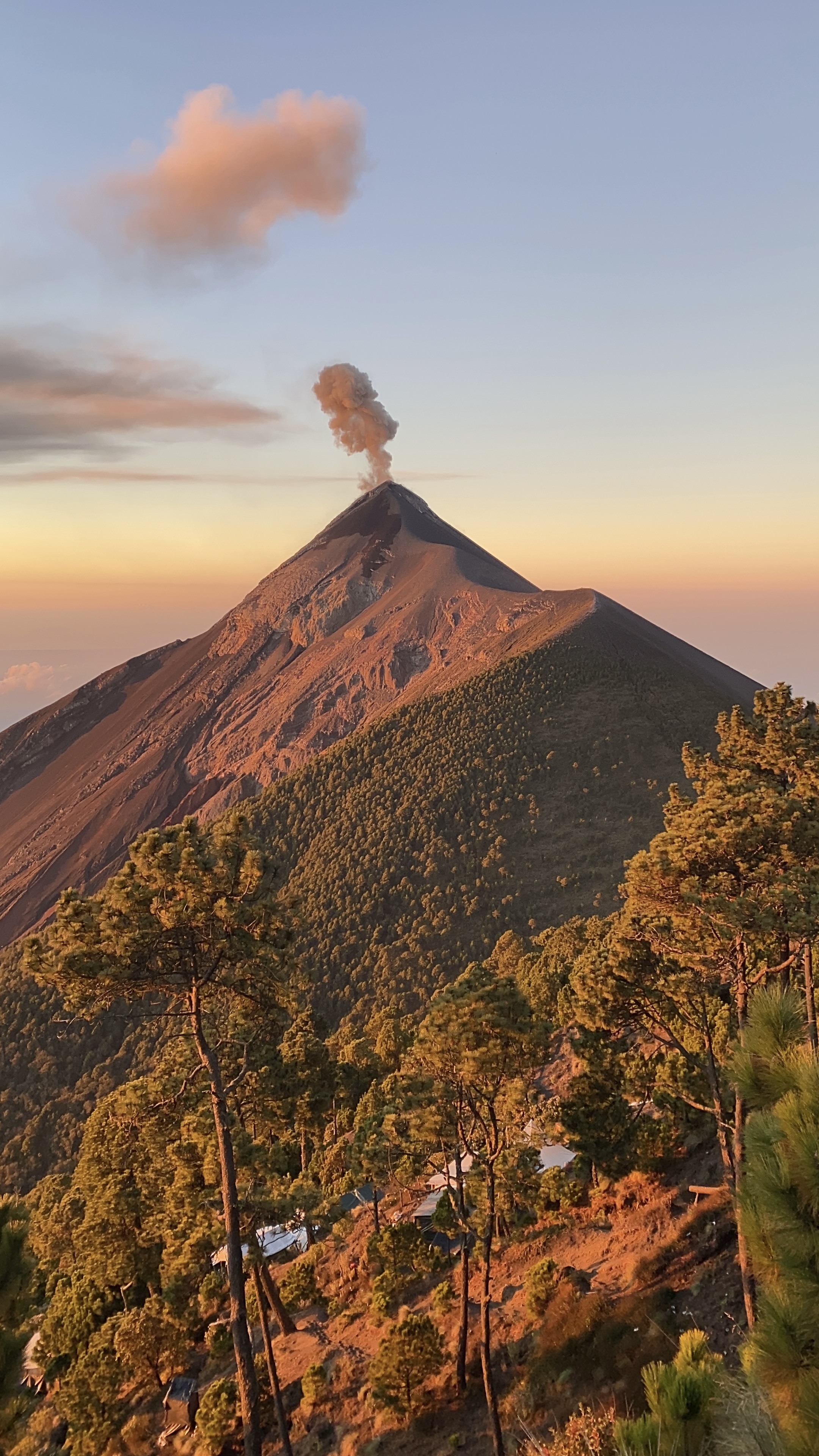 Fuego – seen from Acatenango base camp – erupting at sunrise.