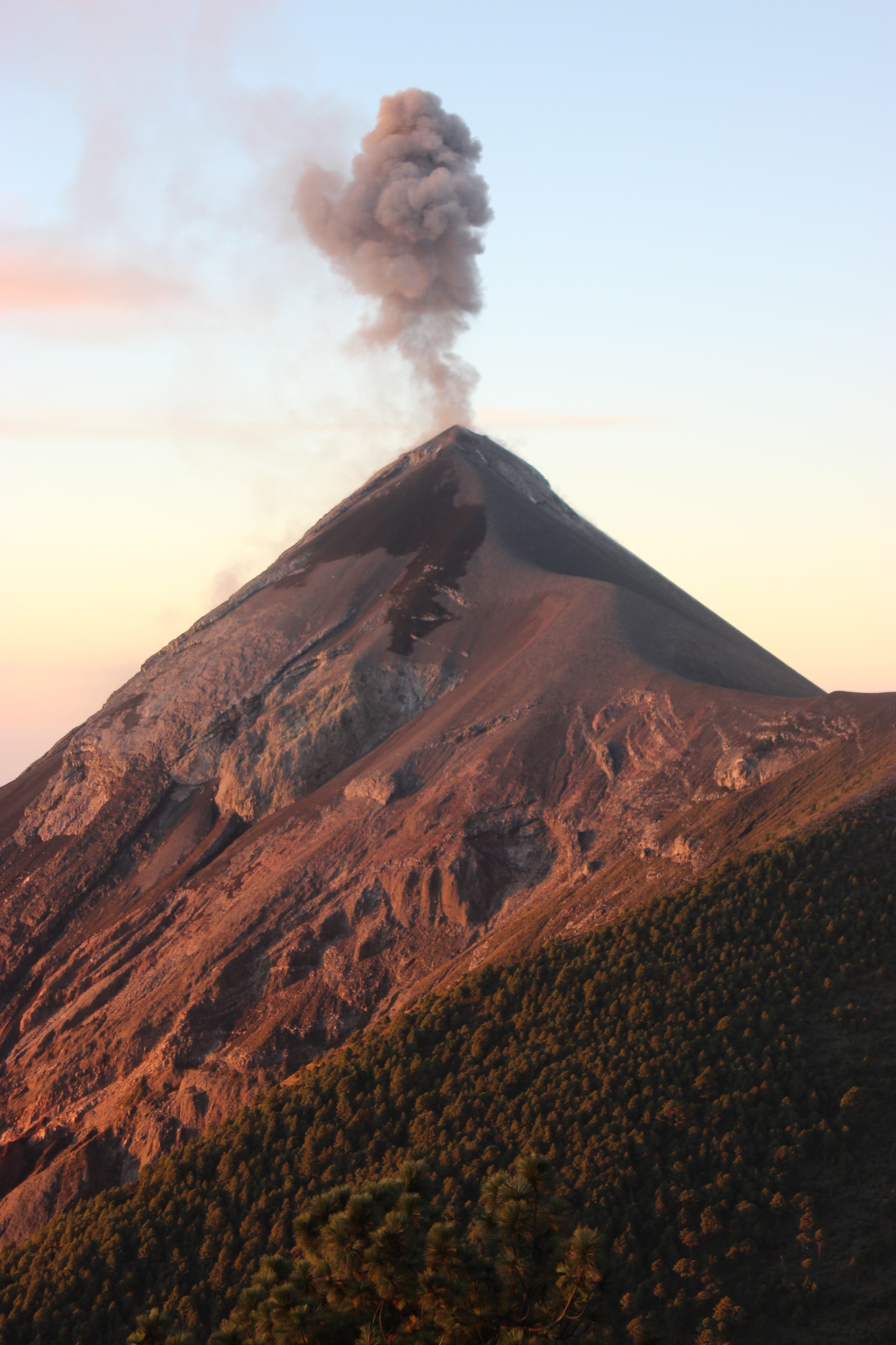 Fuego erupting with a cloud of silver smoke during sunrise.
