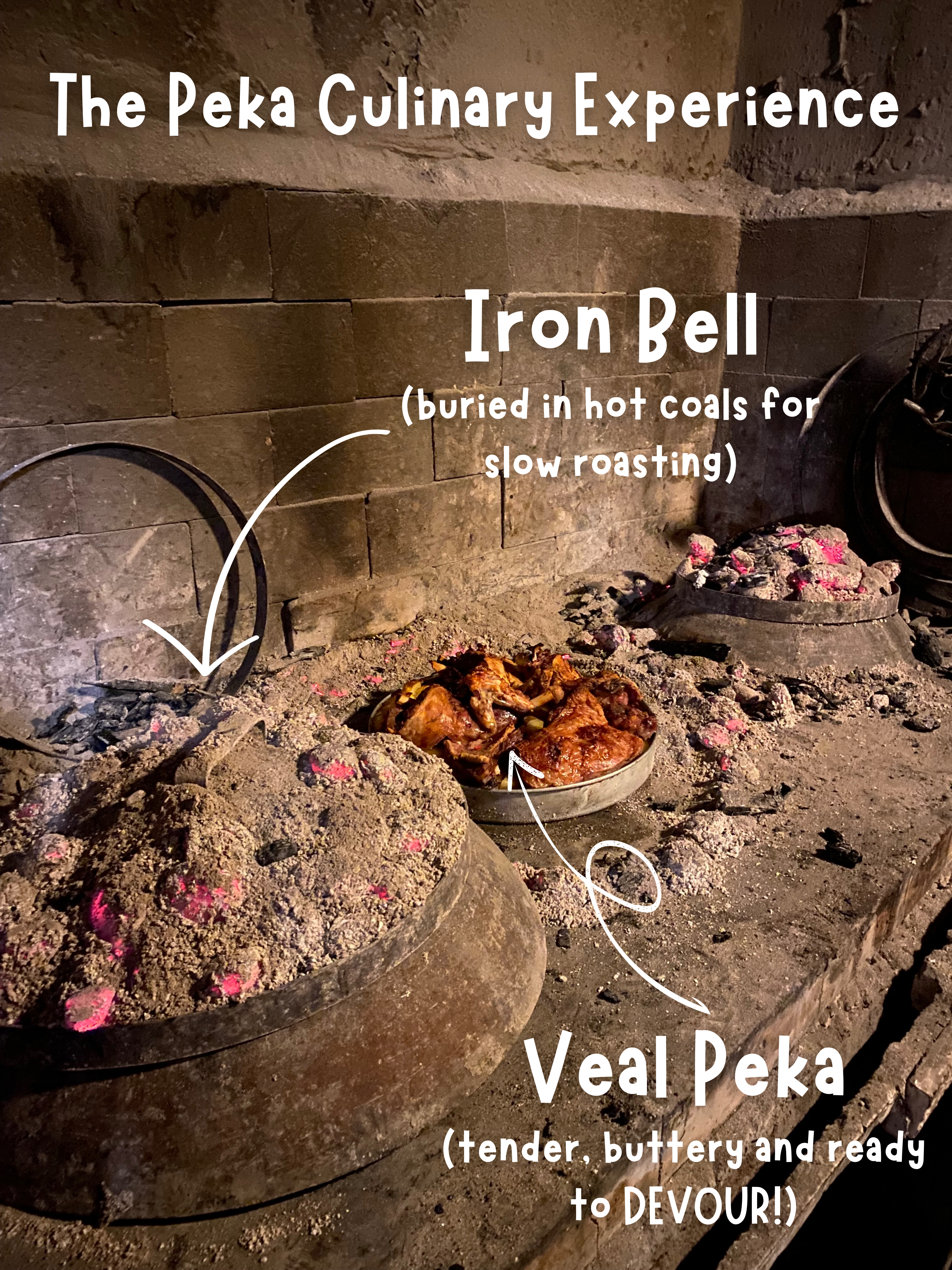 A image showing the traditional cooking technique for Croatian Peka with the text "The Peka Culinary Experience" and an arrow pointing to a coal-covered bell that says "Iron Bell, Buried in Hot Coals for Roasting" and an arrow pointing to a plate of meat that says "Veal Peka, tender, buttery and ready to DEVOUR!".