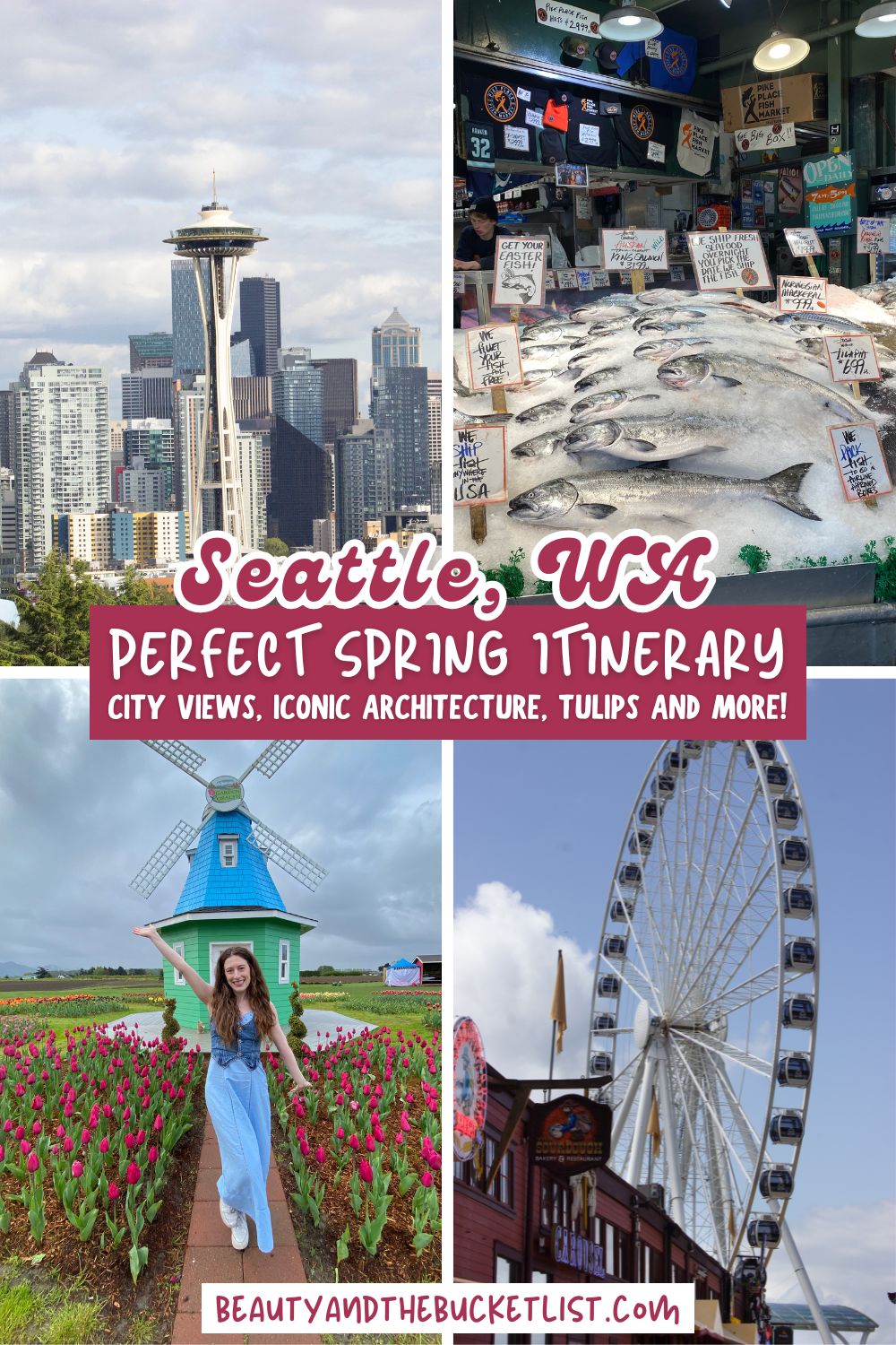 Seattle collage including the skyline with the Space Needle, fish on ice at Pike Place Market, Bella in front of blue/green windmill at Garden Rosalyn, Seattle Great Wheel. The text reads, "Seattle, WA, Perfect Spring Itinerary, City Views, Iconic Architecture, Tulips and MORE!".