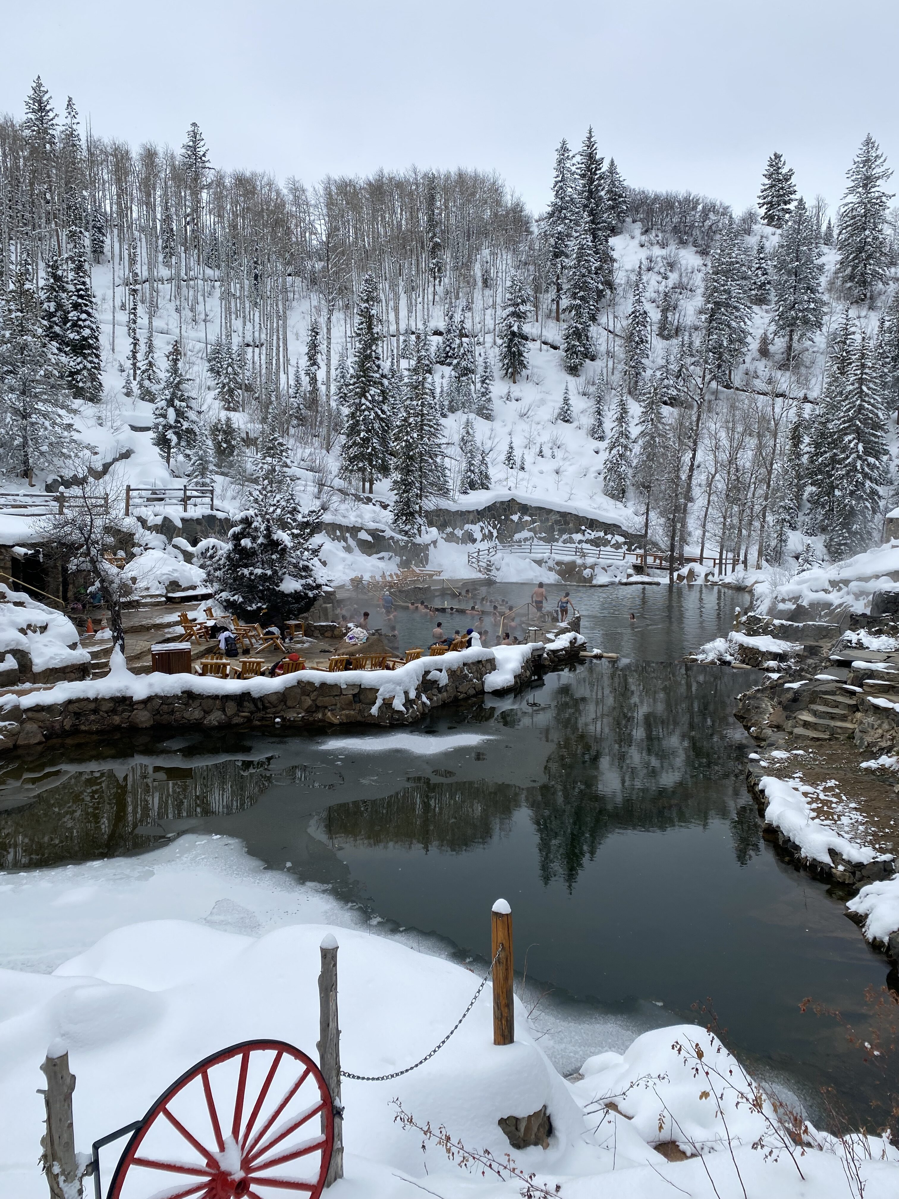 Snowy Strawberry Park Hot Springs in the wintertime.