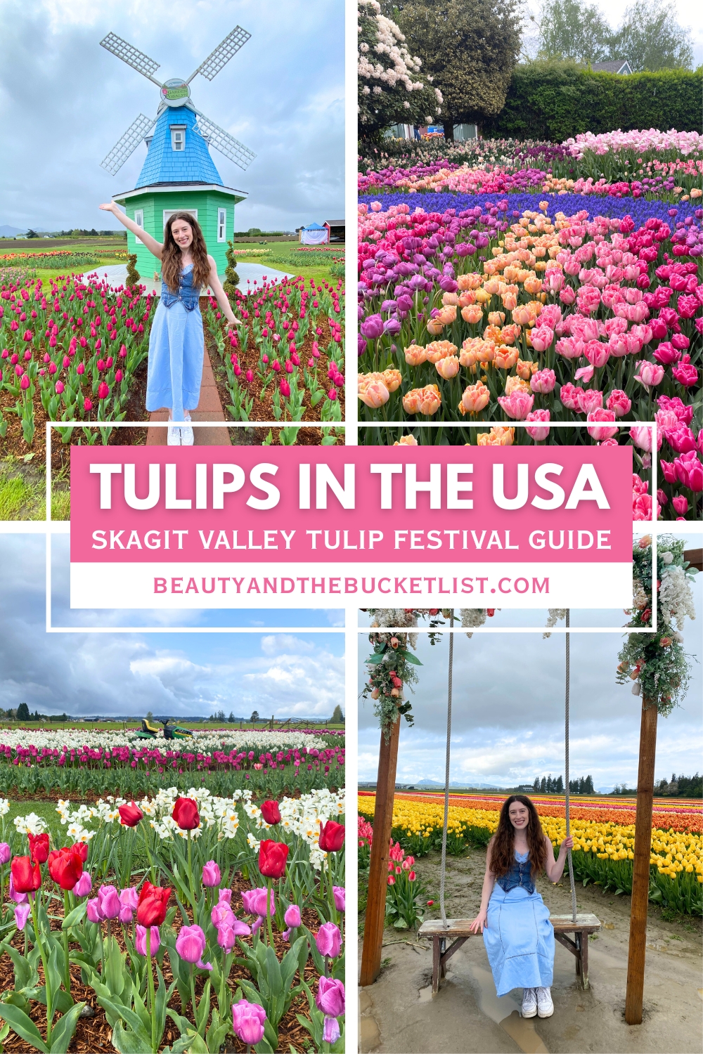 A colorful collage of the Skagit Valley Tulip Festival including a young woman in a blue dress posing in front of the green and blue windmill at Garden Rosalyn, landscapes of tulip fields, and a young woman posing on a swing in front of the tulip fields. The text reads, "Tulips in the USA, Skagit Valley Tulip Festival Guide".