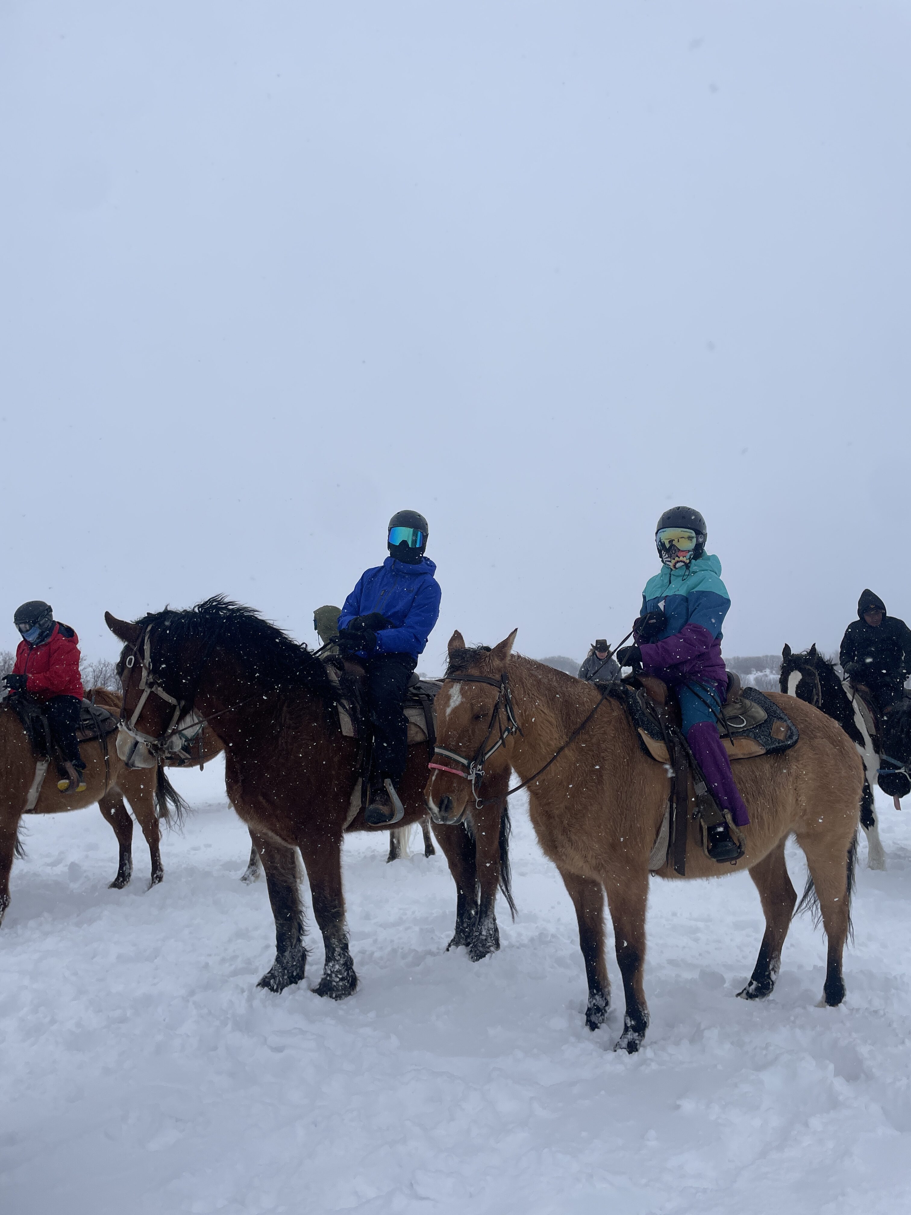 A pair of horseback riders dressed in ski gear with goggles among a winter wonderland.