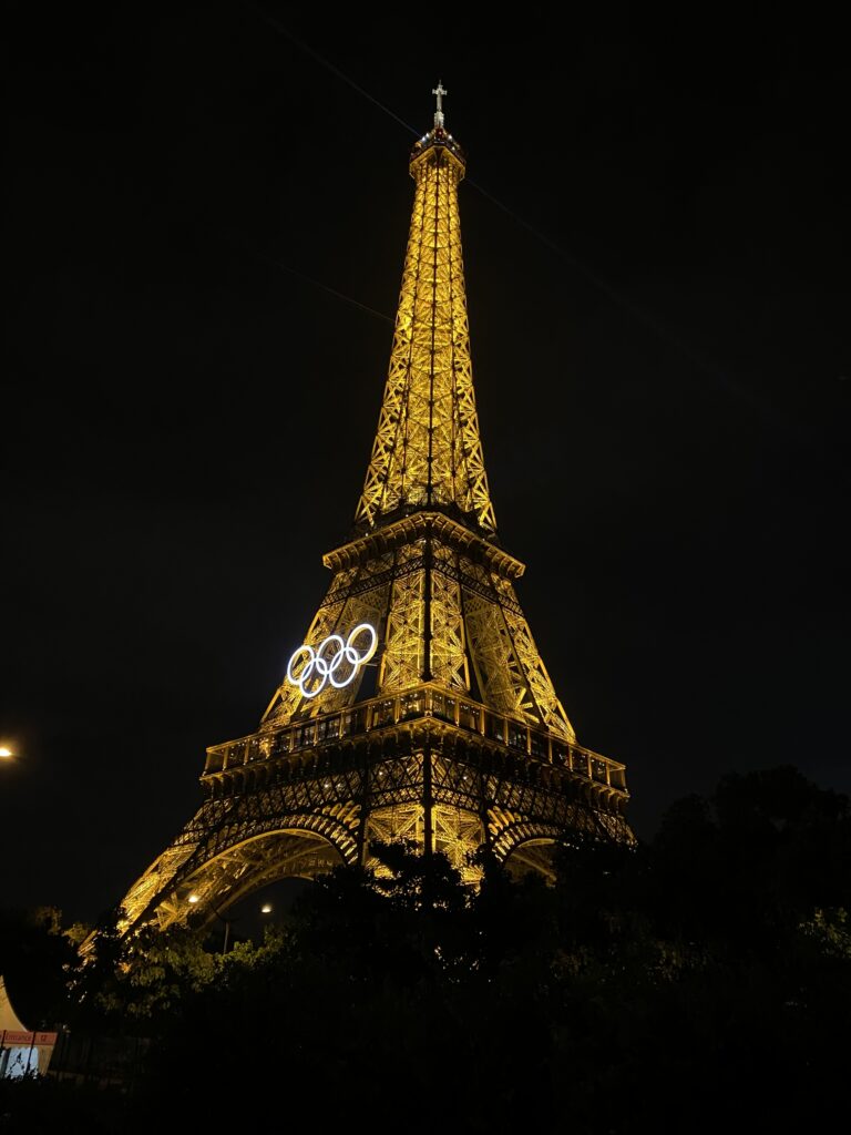 Illuminated Eiffel Tower at night (with the Olympic Rings).