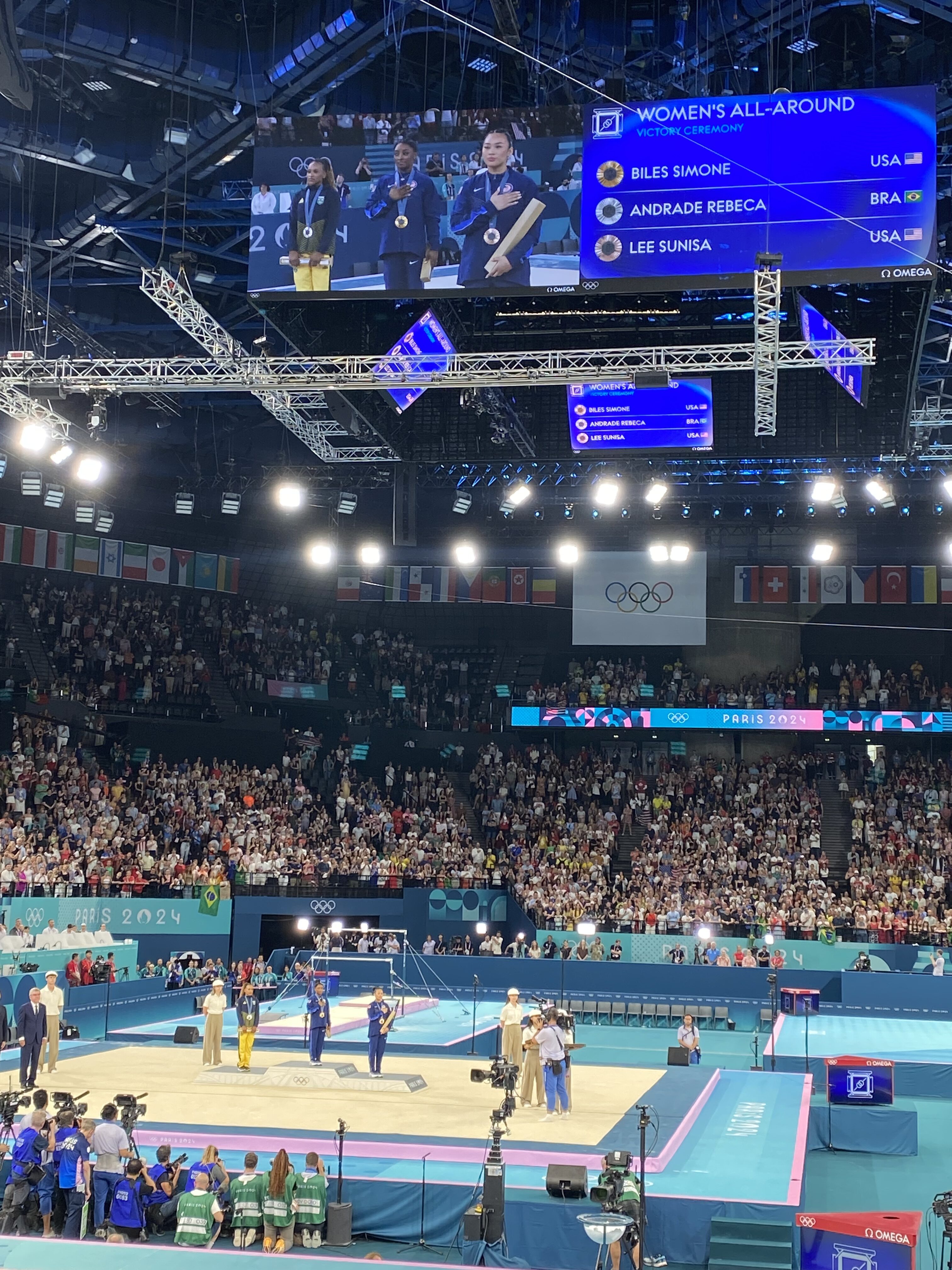 The three medalists on the podium at the women's All-Around final in Paris for the 2024 Summer Olympics.