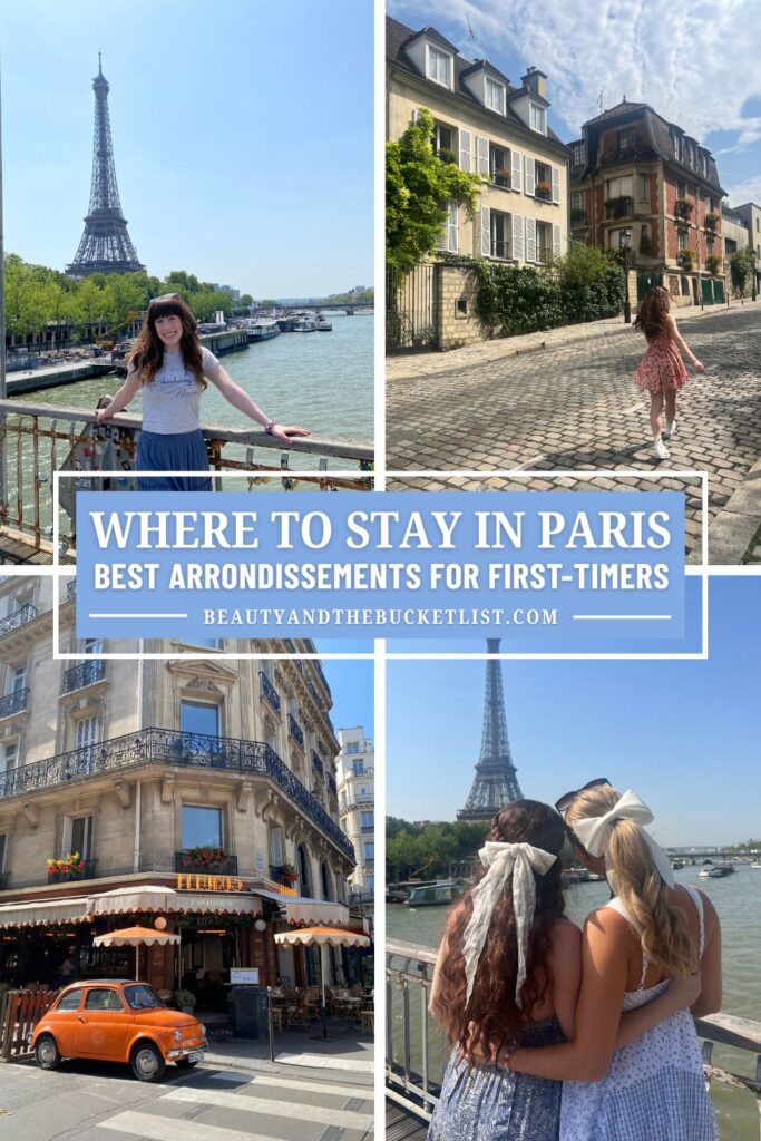 Paris collage including Bella in front of the Seine with the Eiffel Tower in the background, a strolling woman in a floral dress walking around Montmartre, a Paris facade with an orange car, two girls with white bows gazing out upon the Eiffel Tower. The text reads, "Where to Stay in Paris, Best Arrondissements for first-timers".