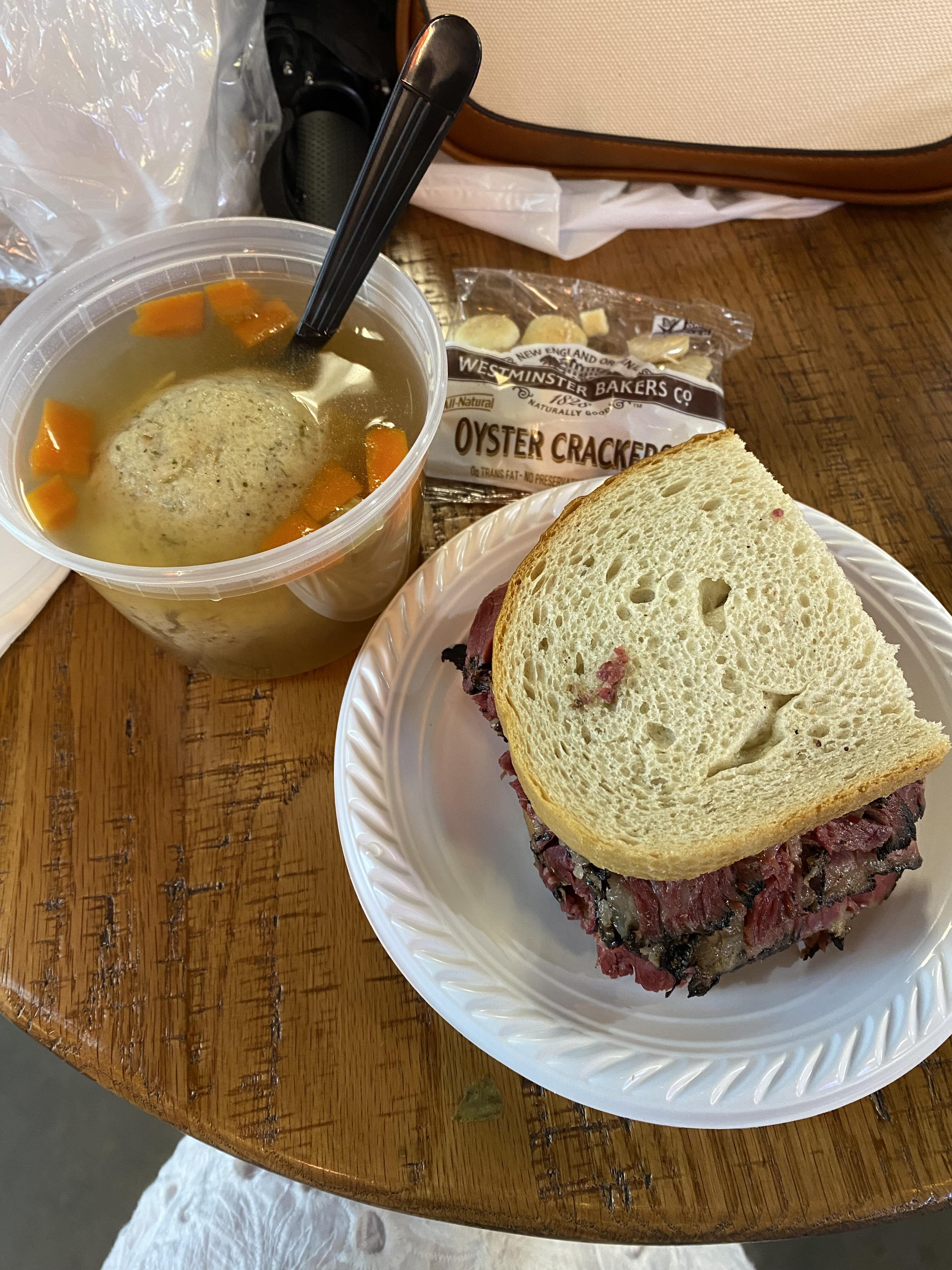 A classic Reuben and matzo ball soup from Katz's Deli.