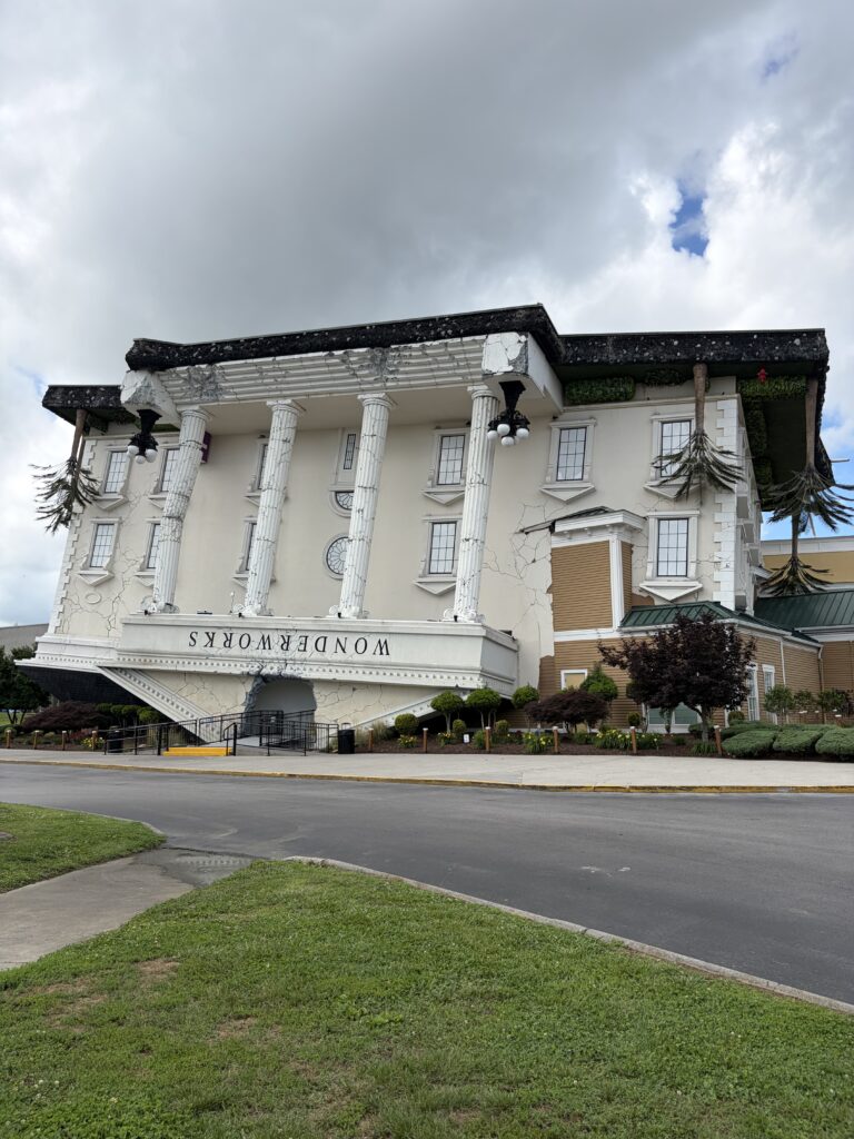 A quirky upside down building called "Wonderworks" in Pigeon Forge, Tennessee. 