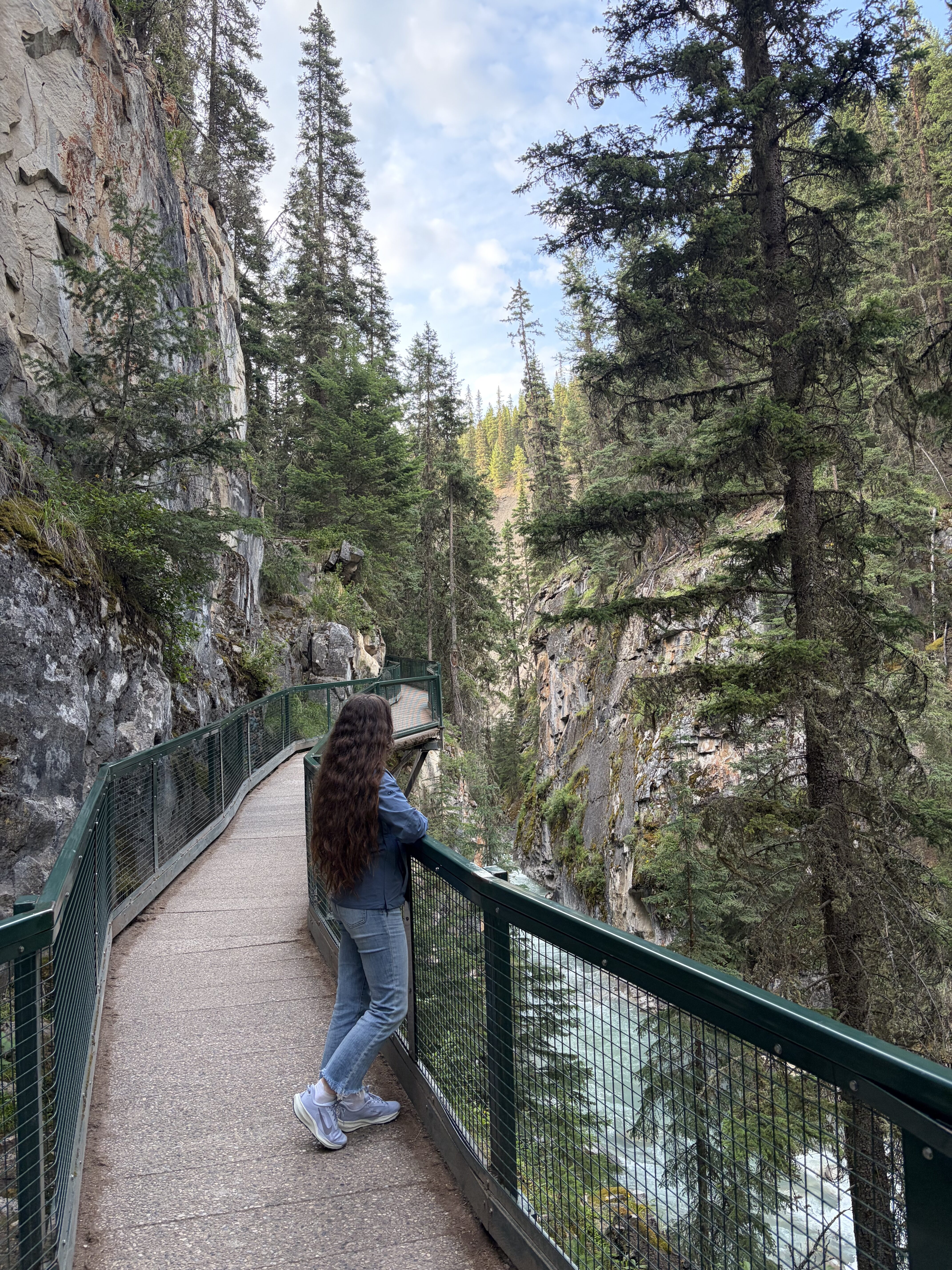 Bella gazing out at Johnston Canyon from the pathway. 