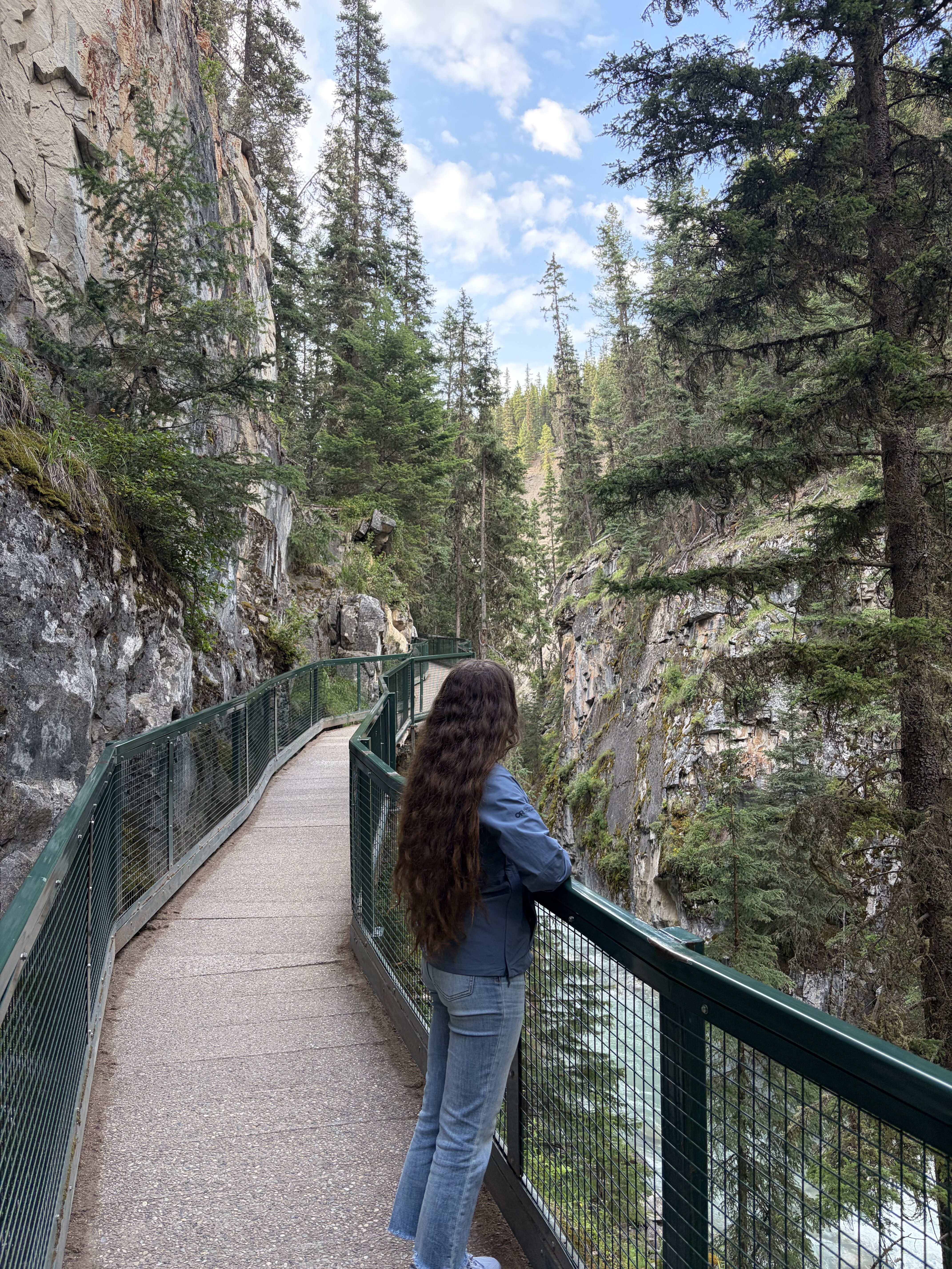 A woman with long brown hair gazing out at a river on the Johnston Canyon walkway.